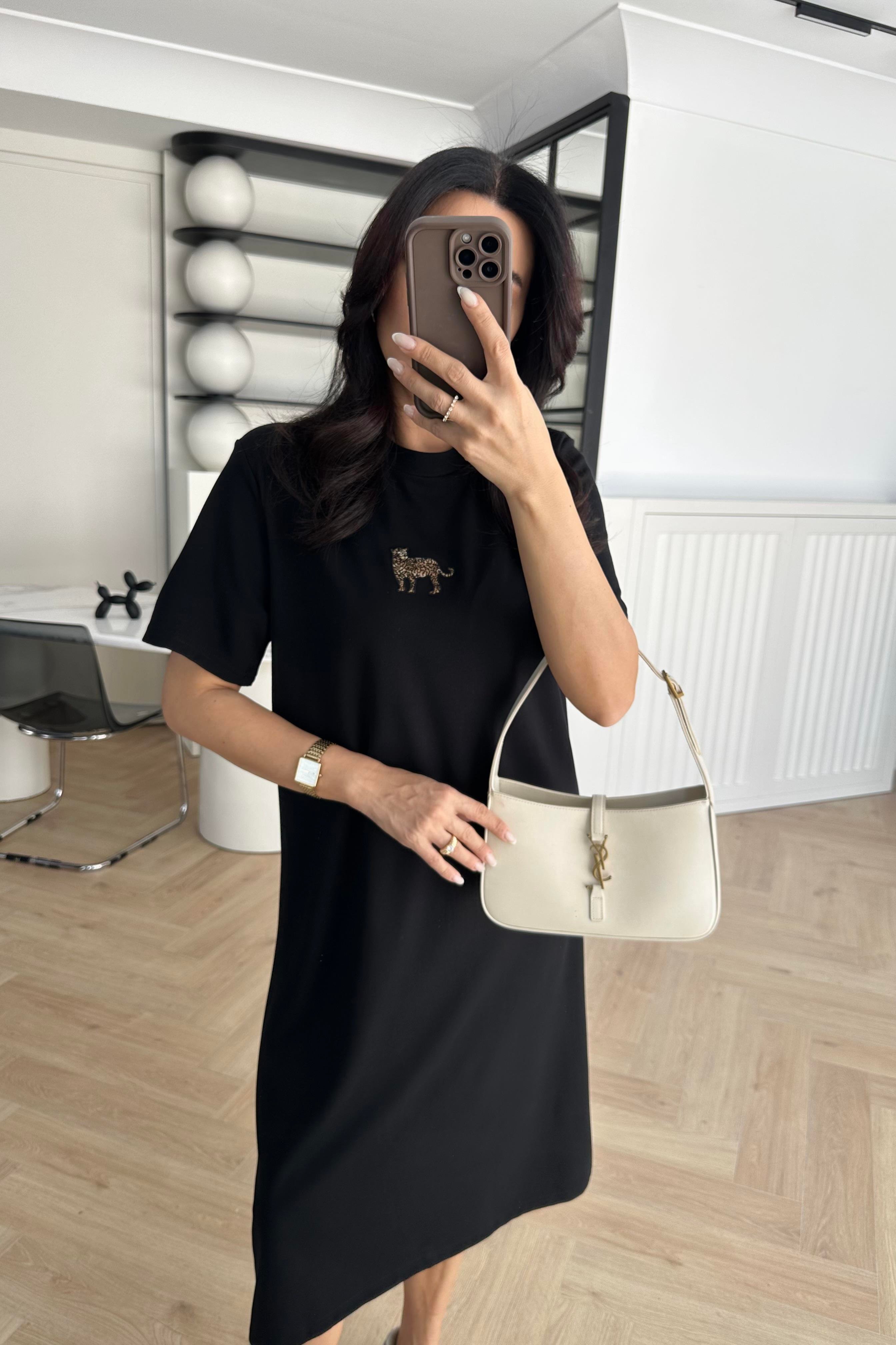 Siyah Kaplan Nakışlı Basic Elbise