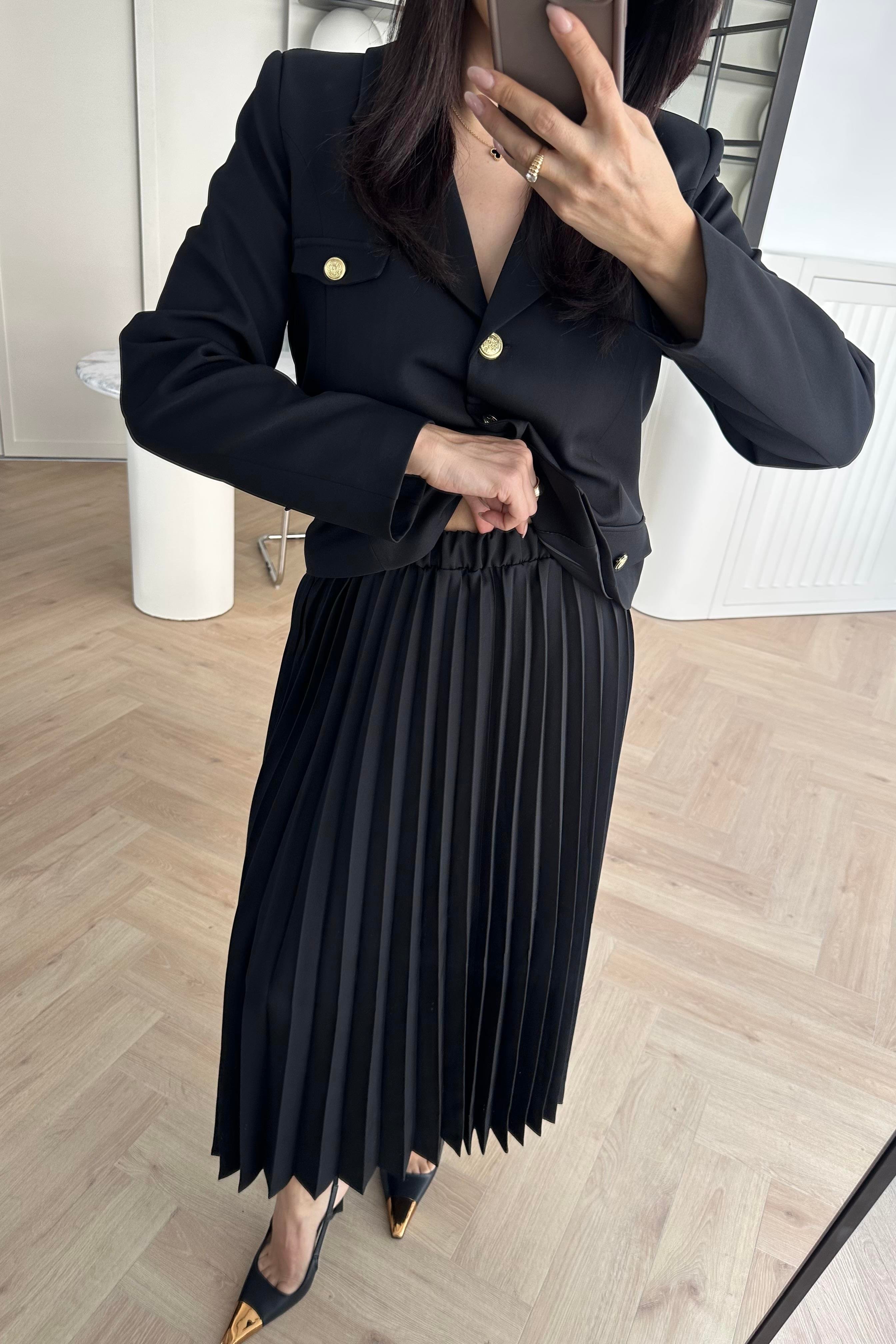 Siyah Kemerli Blazer Ceket Etekli Premium Takım