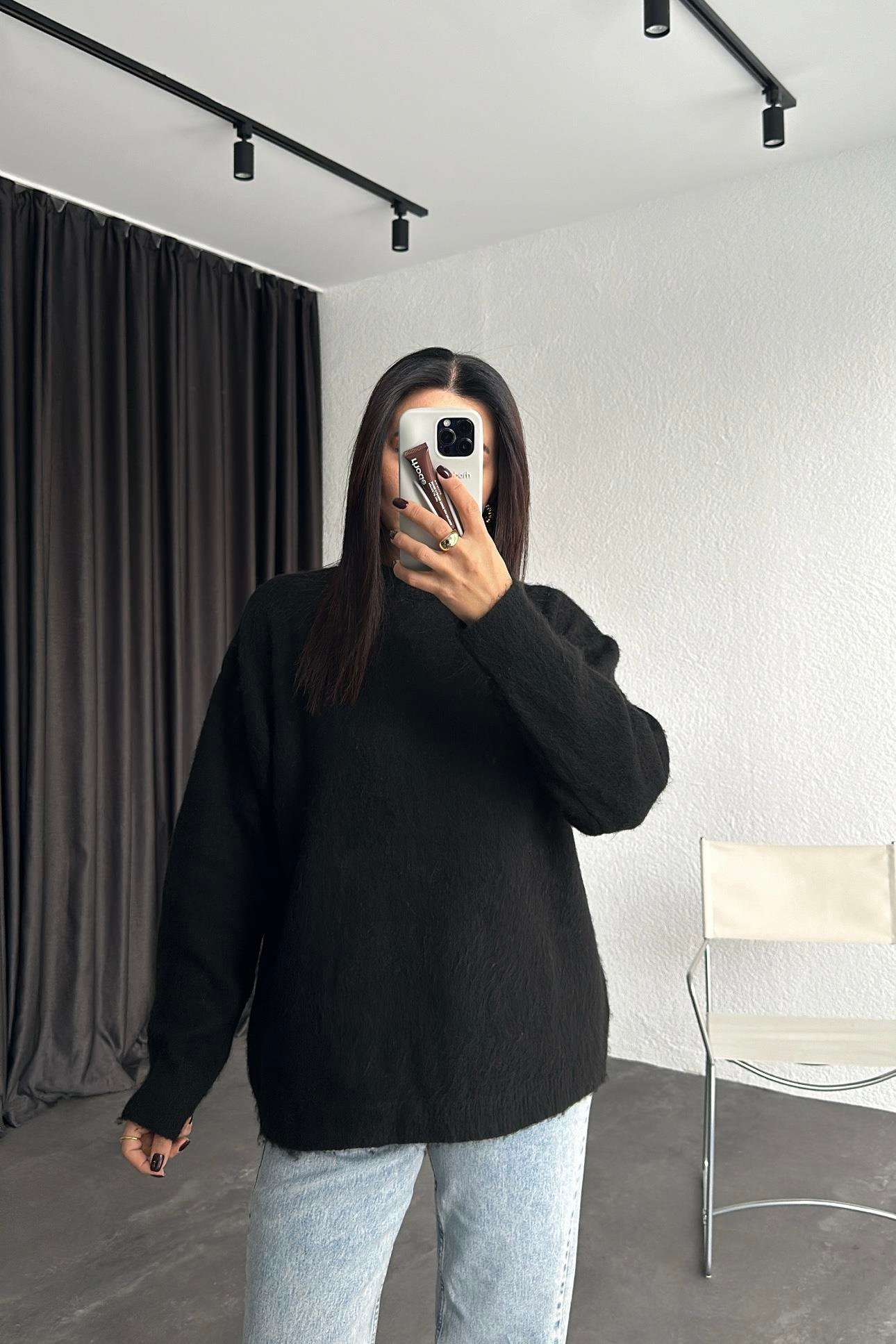 Siyah Marka Model Bisiklet Yaka Şardonlu Basic Triko Kazak 