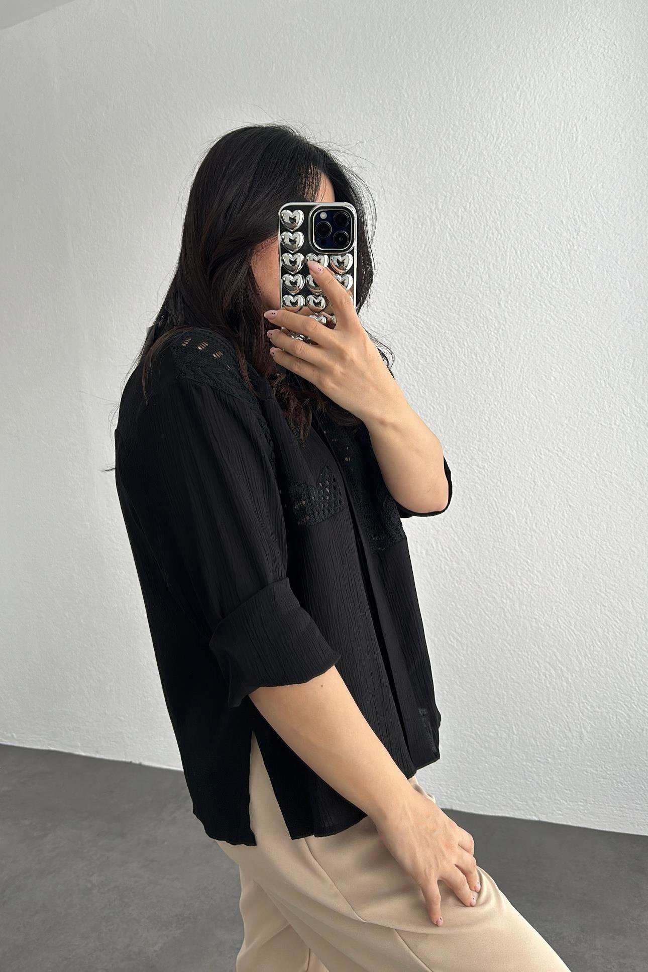 Siyah Marka Model Triko Triko Detaylı Tasarım Gömlek