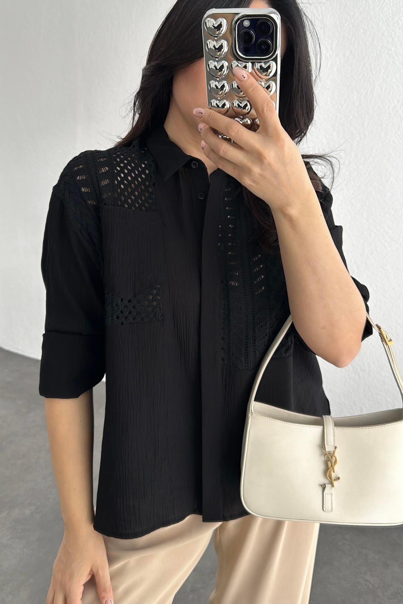 Siyah Marka Model Triko Triko Detaylı Tasarım Gömlek