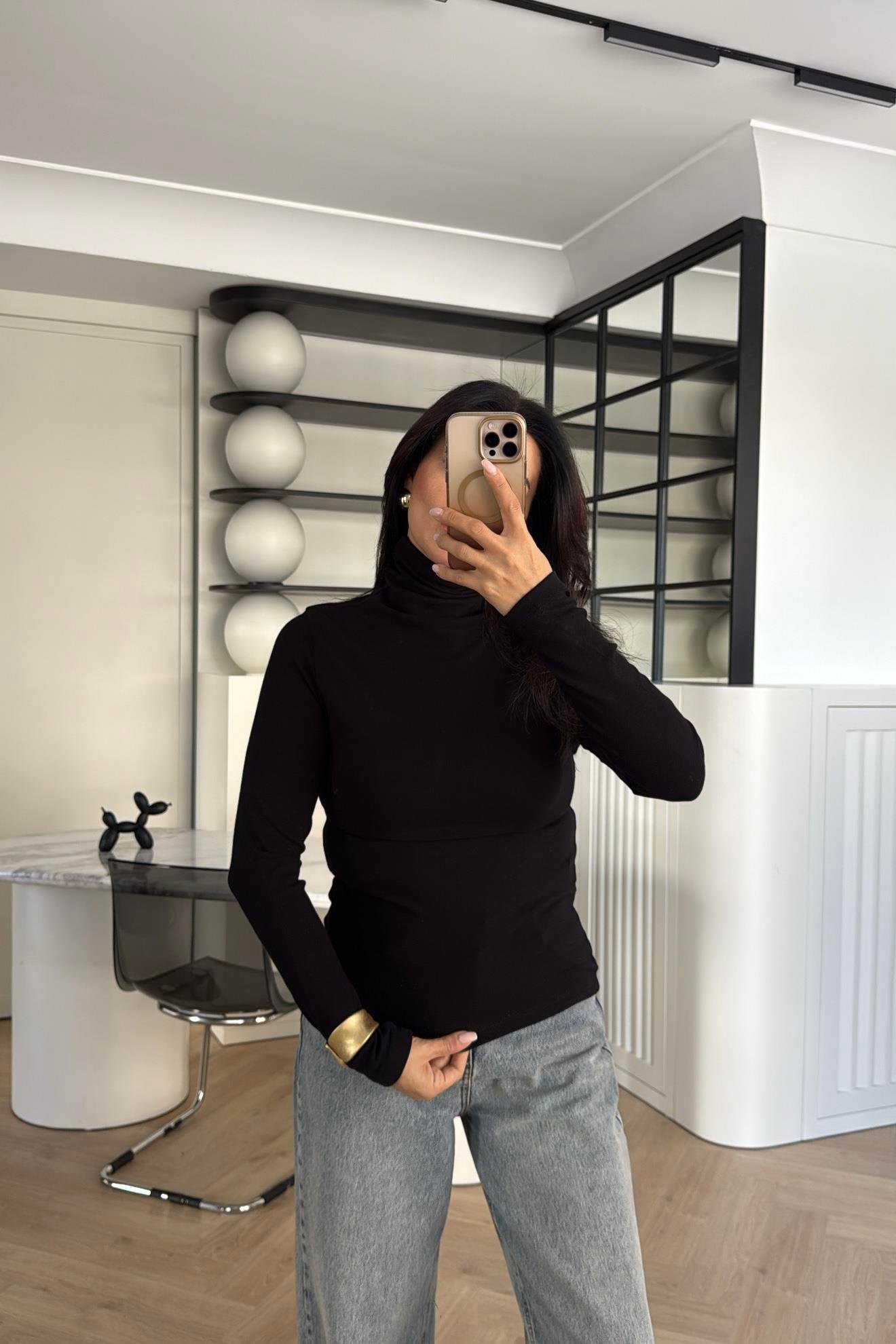 SİYAH MASSİMO MODEL BALIKÇI YAKA MODAL  BLUZ 