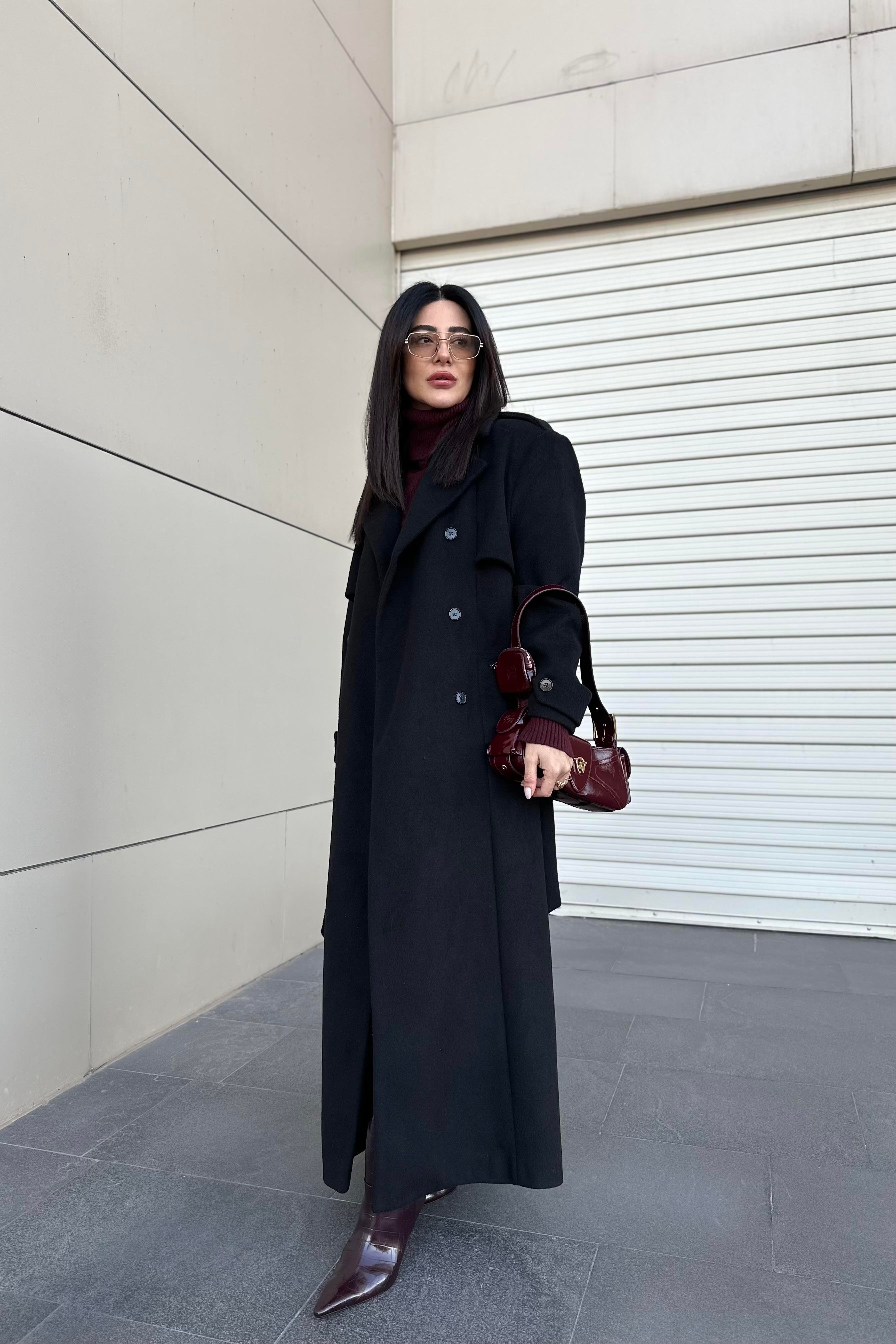 Siyah Renk Maxi Boy Premium Kaşe Kaban