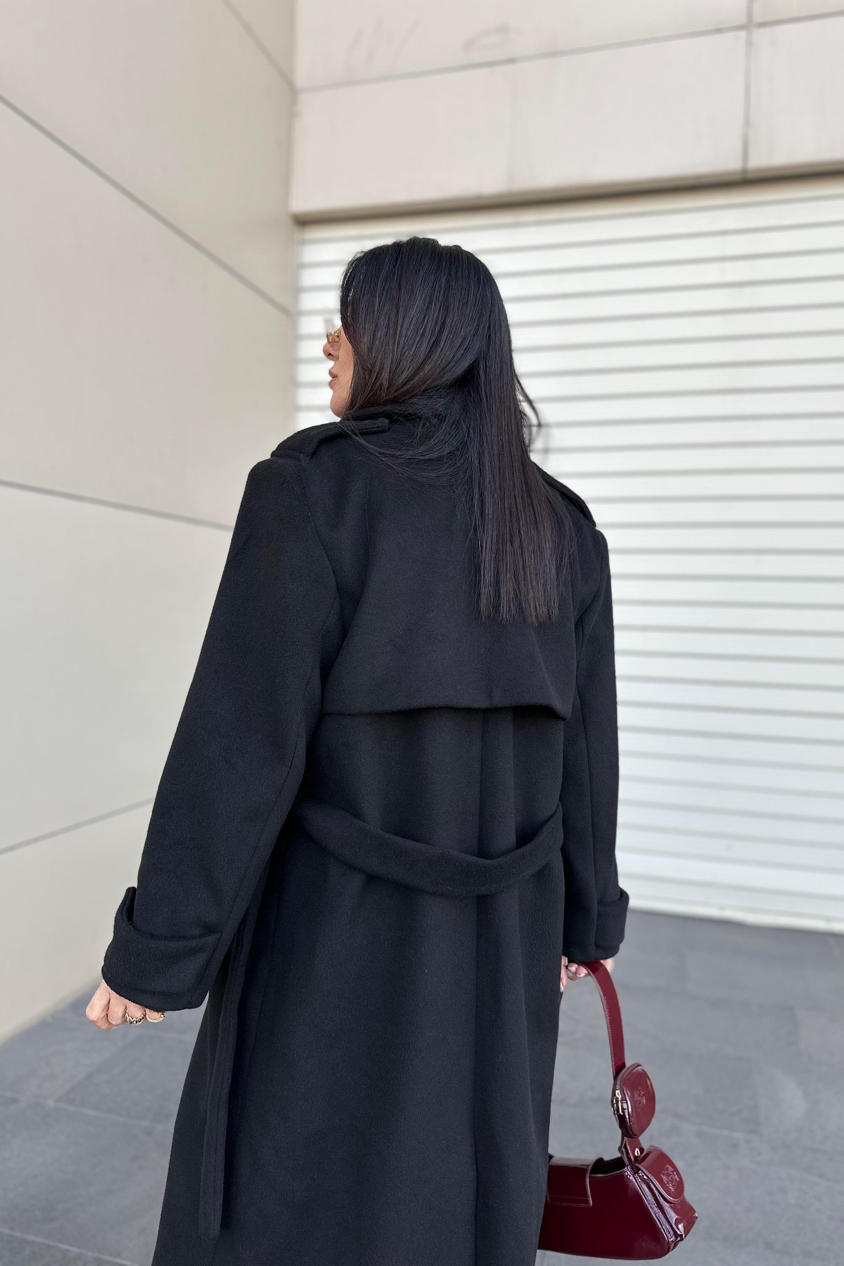 Siyah Renk Maxi Boy Premium Kaşe Kaban