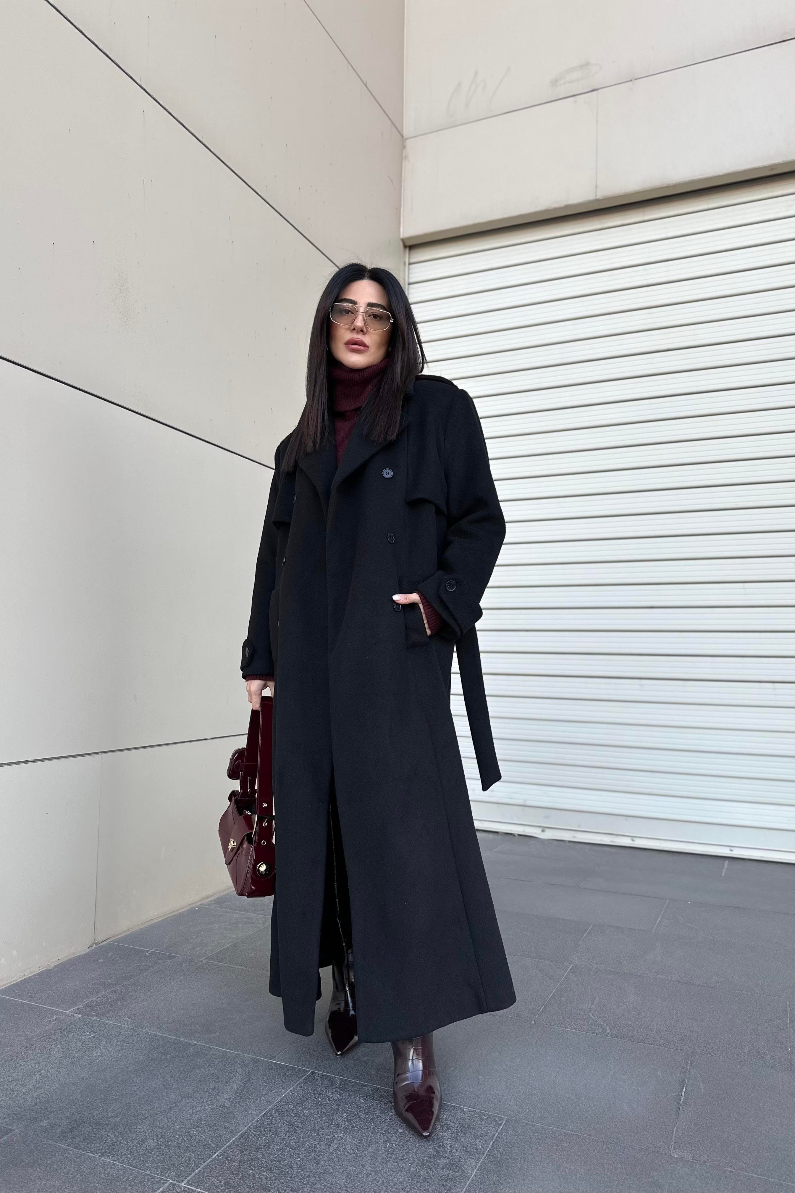 Siyah Renk Maxi Boy Premium Kaşe Kaban