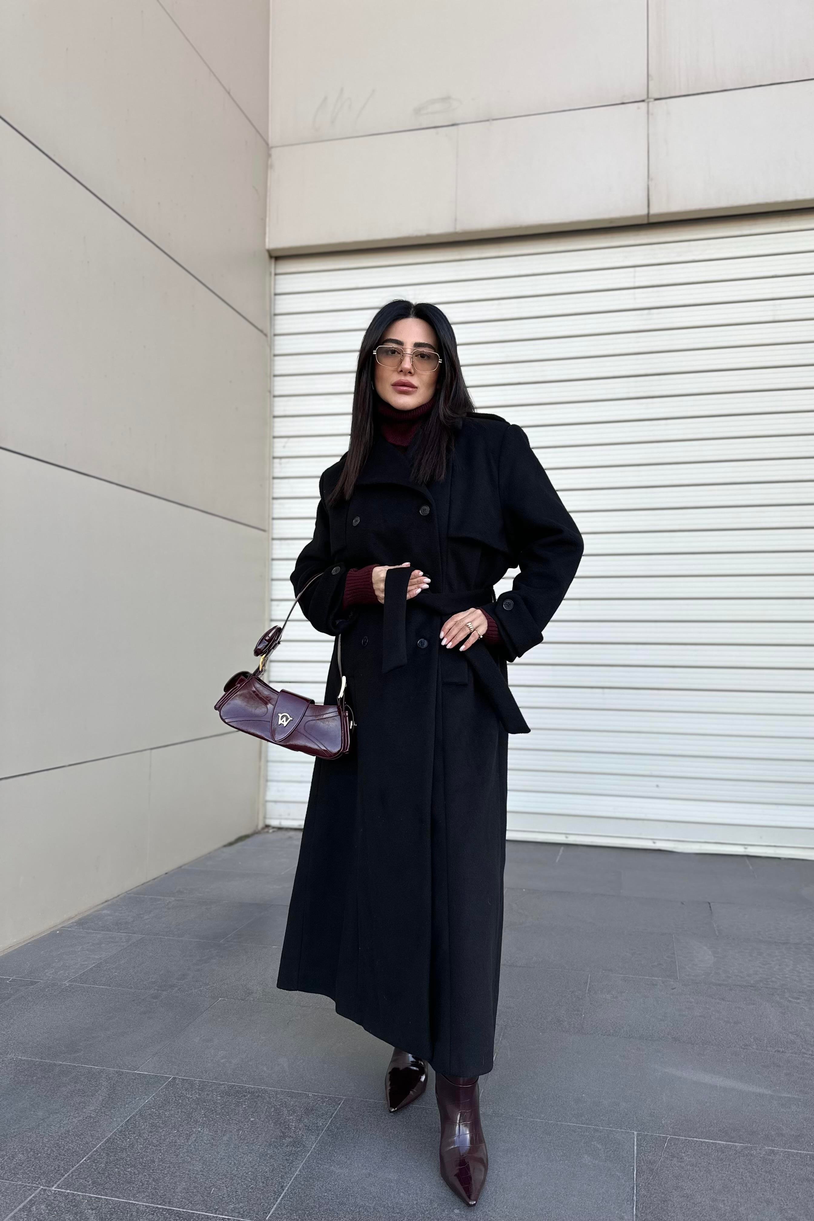 Siyah Renk Maxi Boy Premium Kaşe Kaban