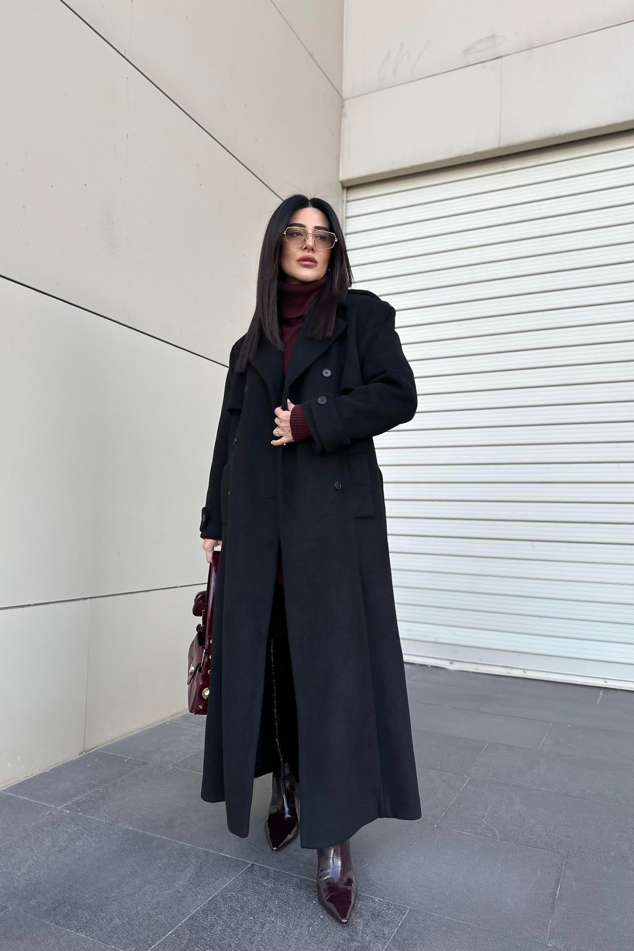 Siyah Renk Maxi Boy Premium Kaşe Kaban