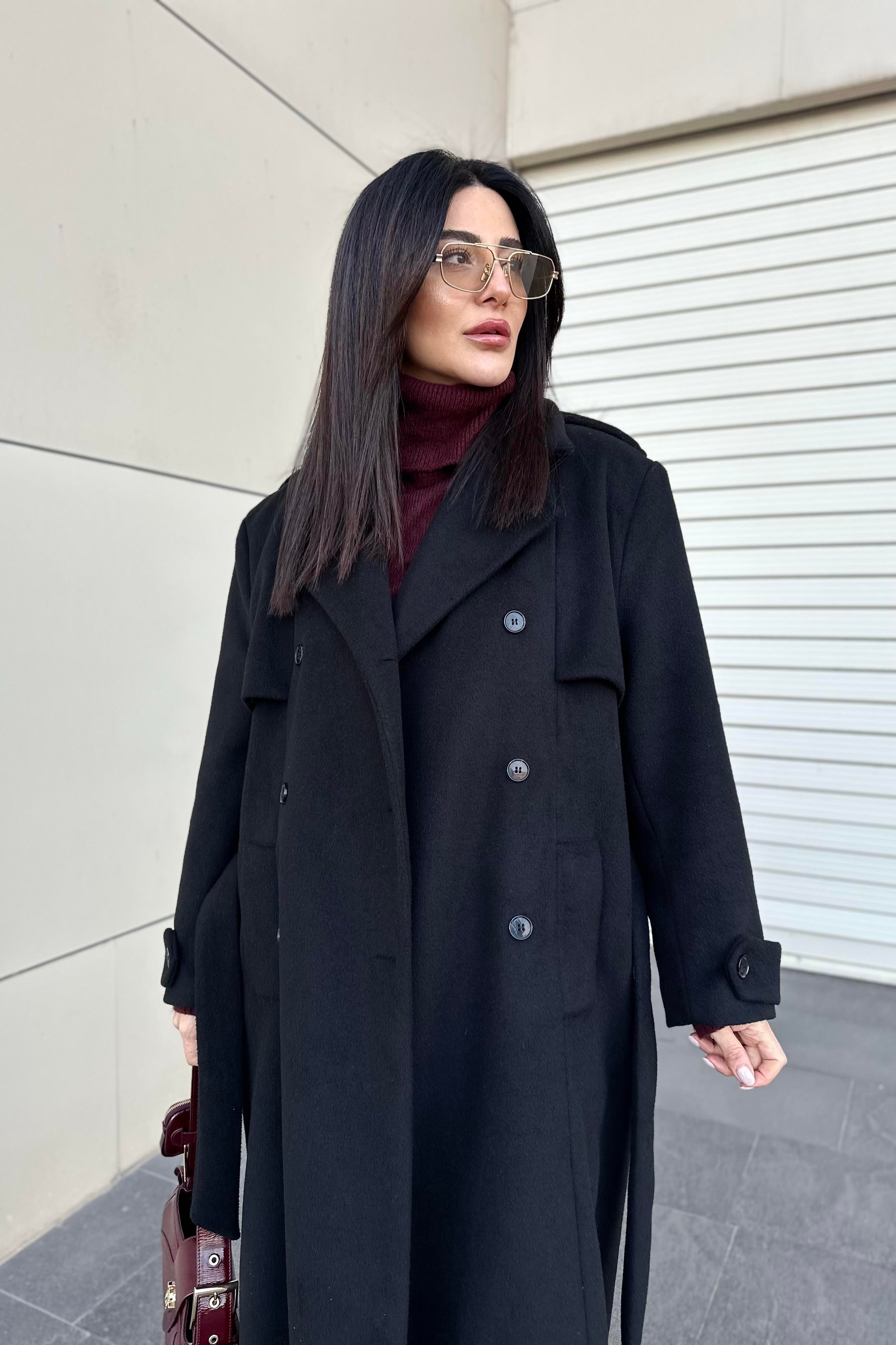 Siyah Renk Maxi Boy Premium Kaşe Kaban