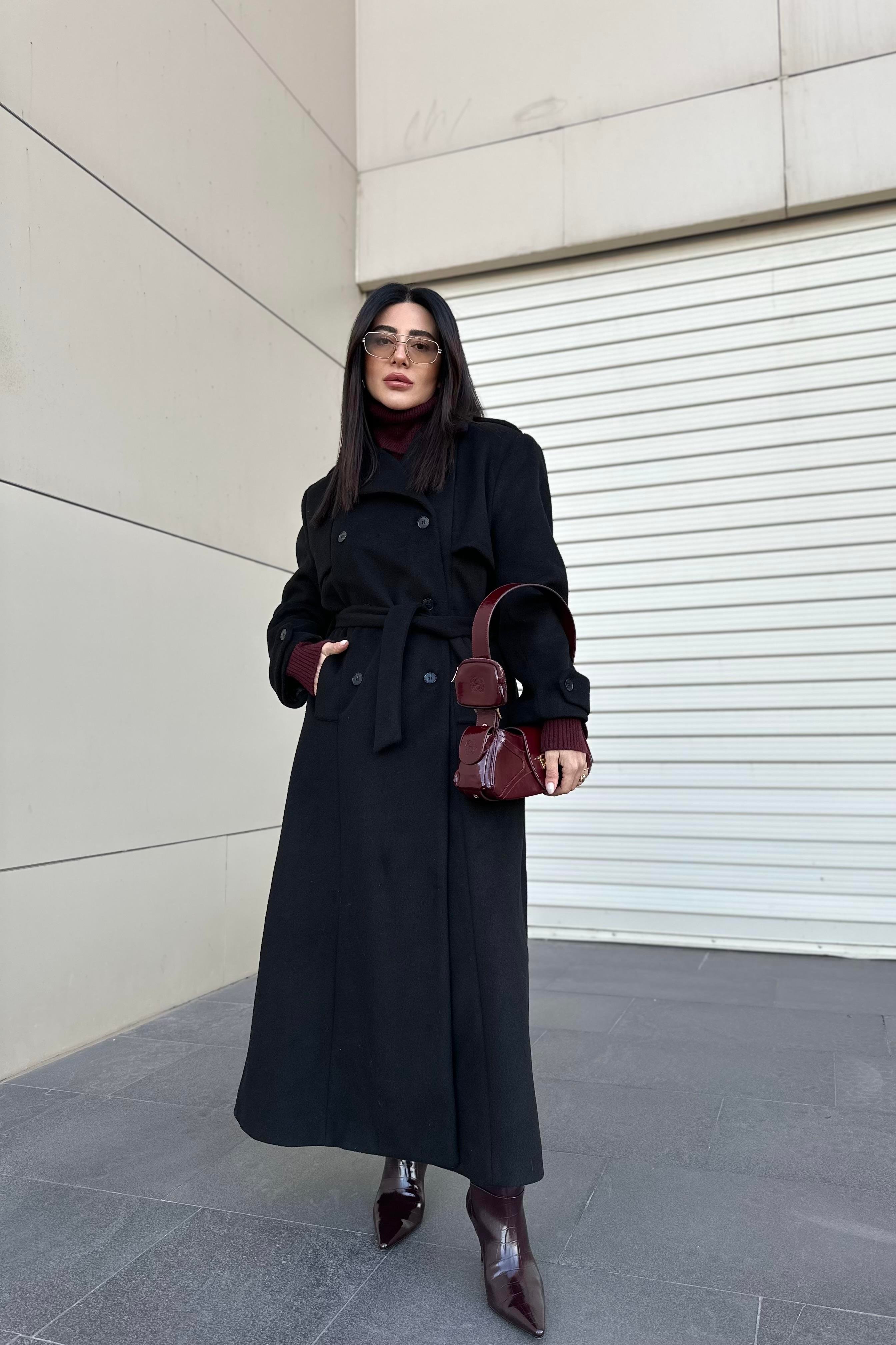 Siyah Renk Maxi Boy Premium Kaşe Kaban