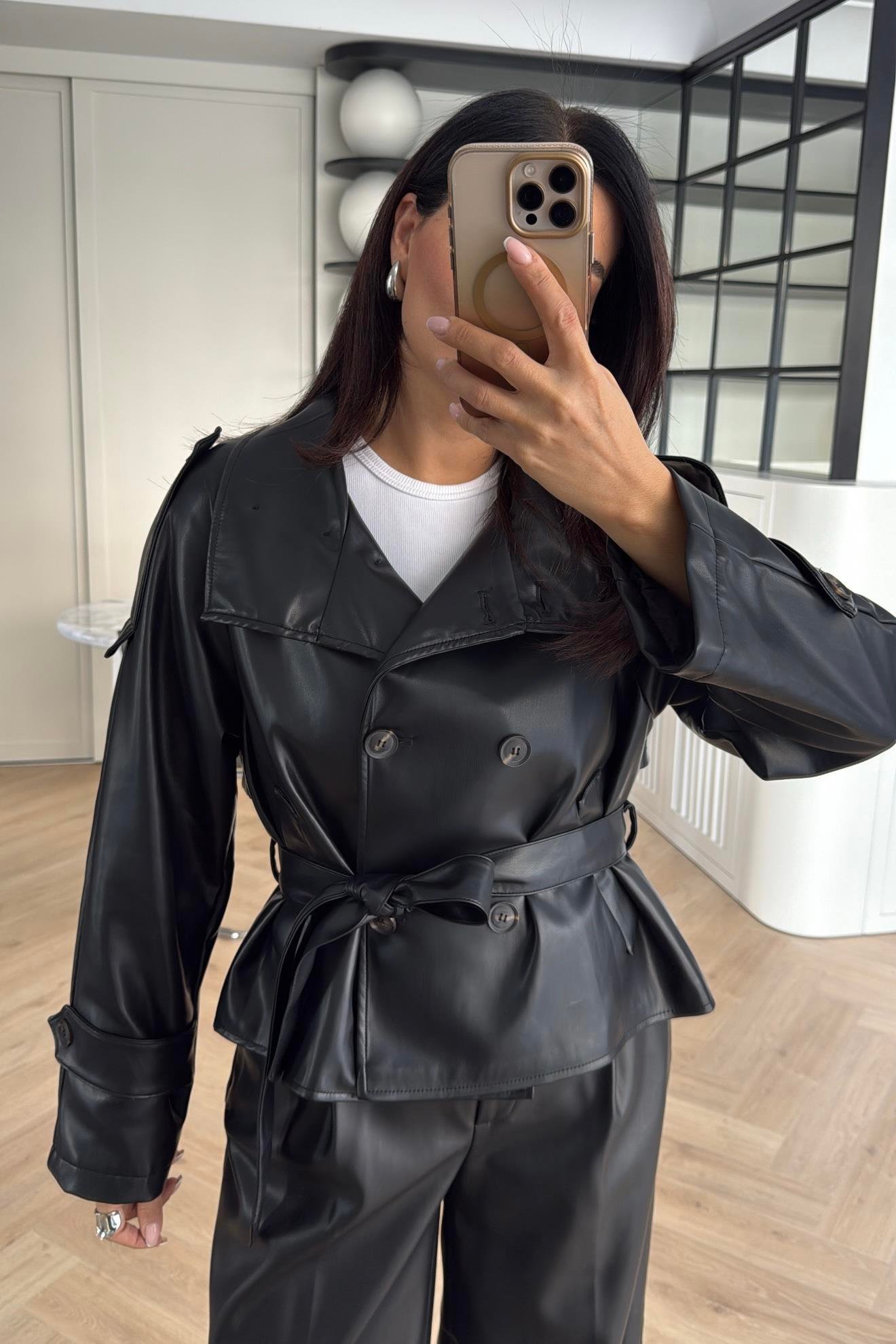 SİYAH YUMUŞAK NAPA DERİ ARKASI RÜZGARLIKLI DERİ CEKET