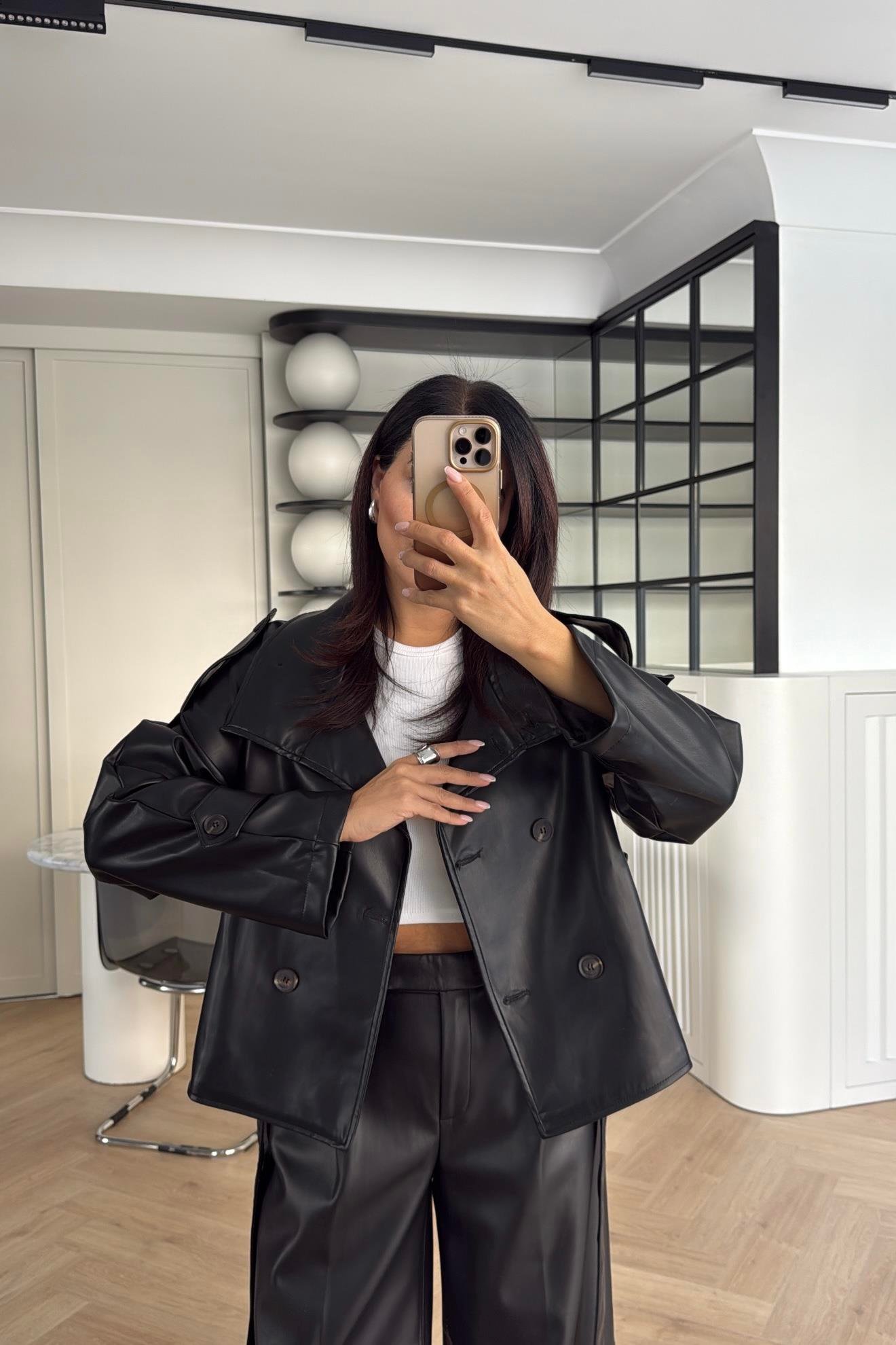 SİYAH YUMUŞAK NAPA DERİ ARKASI RÜZGARLIKLI DERİ CEKET