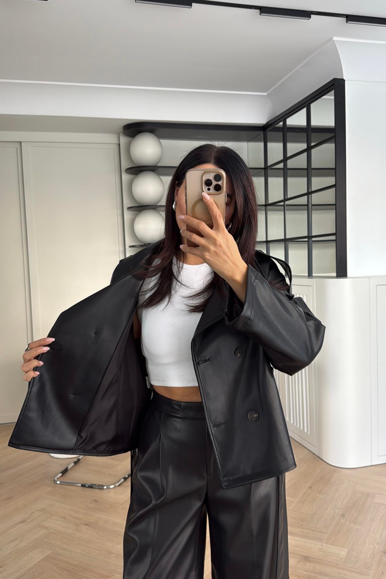 SİYAH YUMUŞAK NAPA DERİ ARKASI RÜZGARLIKLI DERİ CEKET