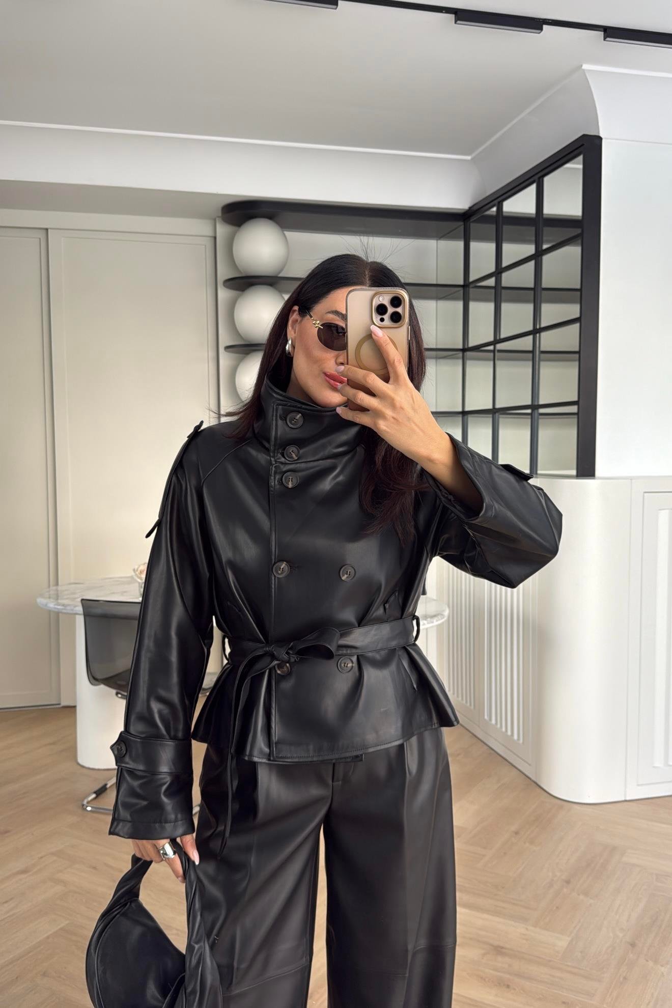 SİYAH YUMUŞAK NAPA DERİ ARKASI RÜZGARLIKLI DERİ CEKET