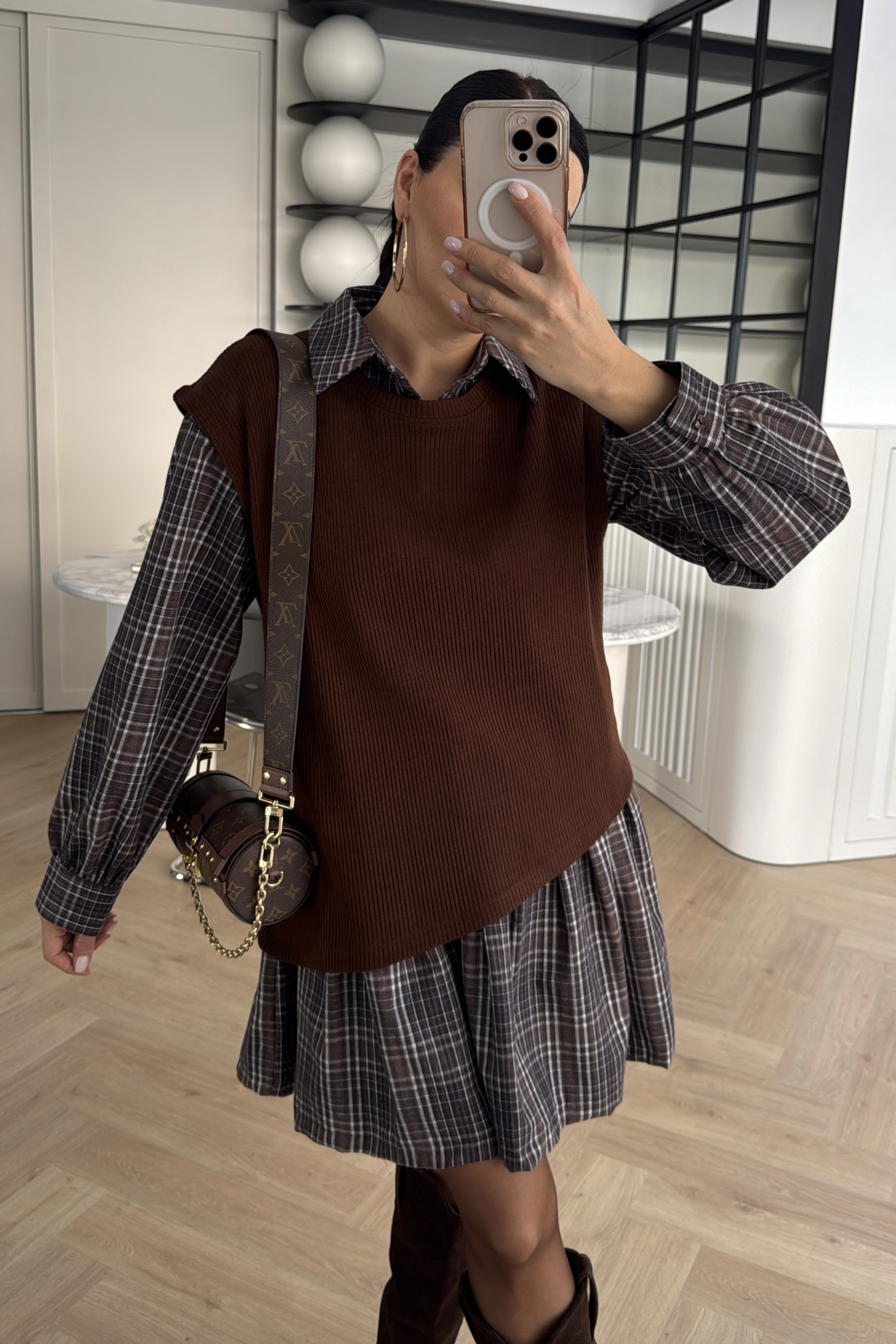 SÜVETER DETAYLI EKOSE ELBİSE KAHVE 