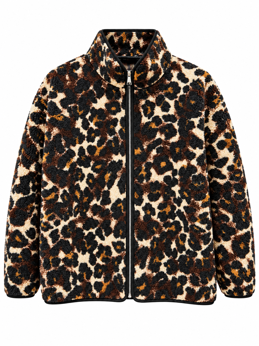 Tam Fermuar Leopar Desenli Peluş Ceket 