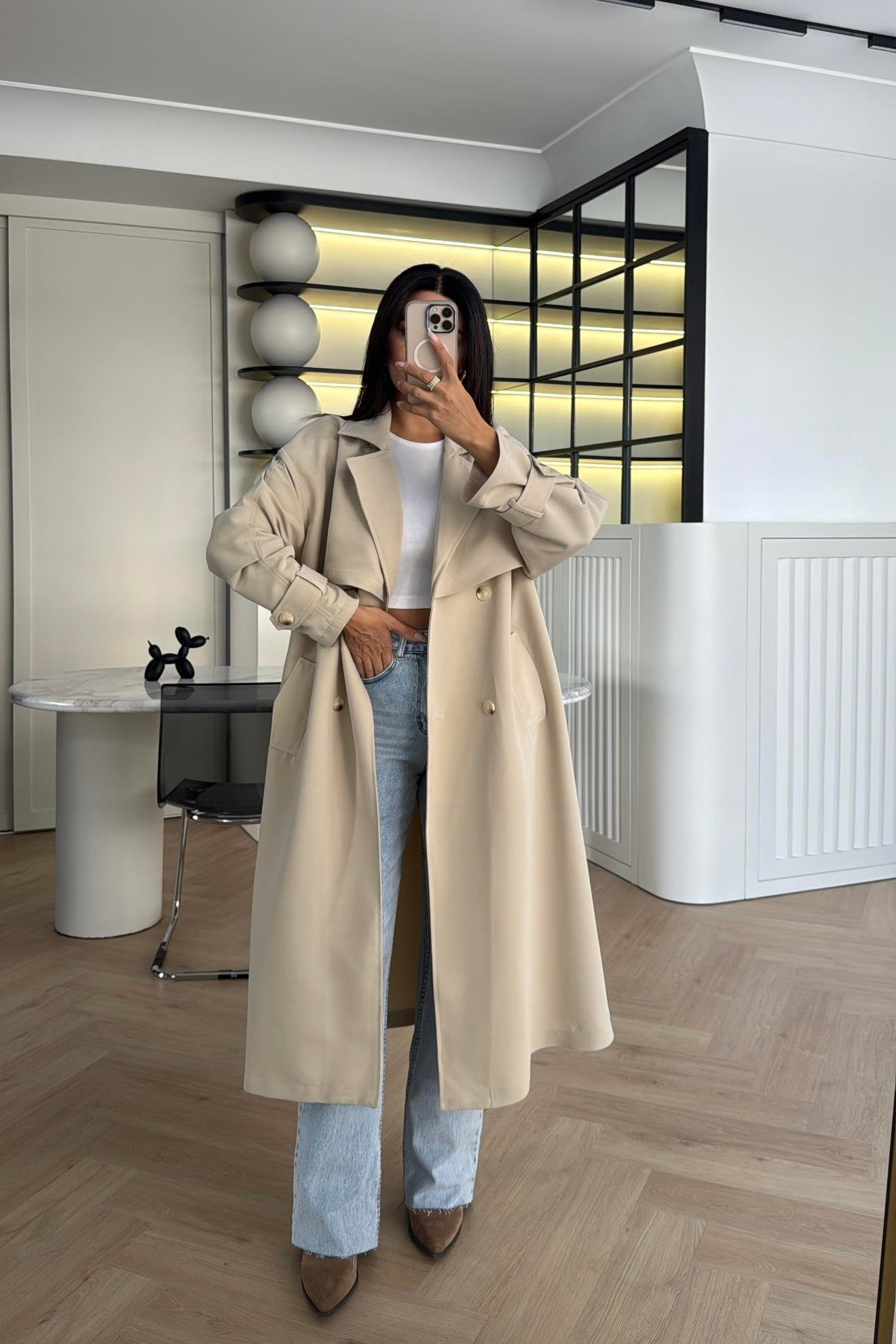 TAŞ KEMERLİ ASTARSIZ RAHAT KALIP TRENÇKOT