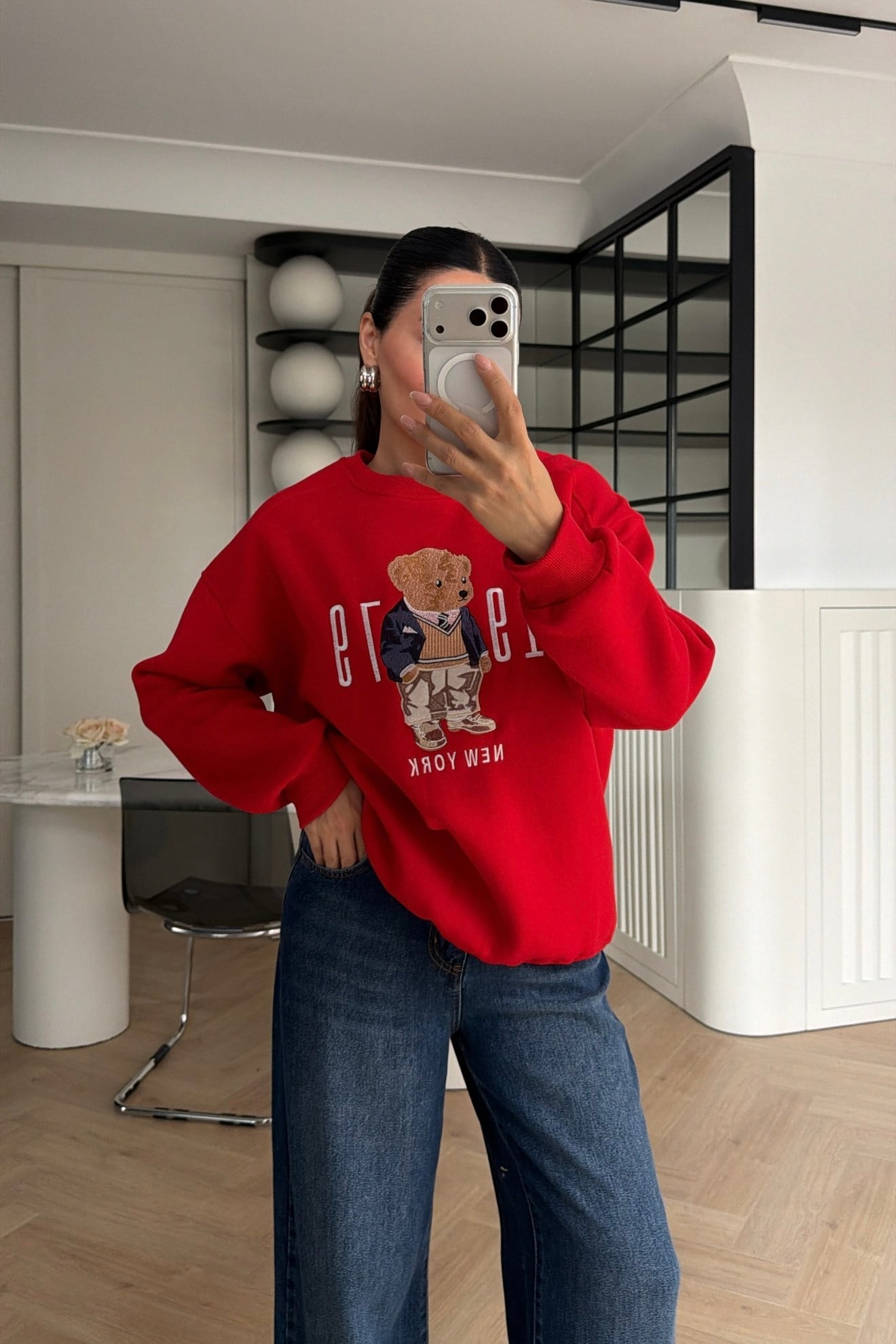 Teddy Nakışlı Sweatshirt Kırmızı 