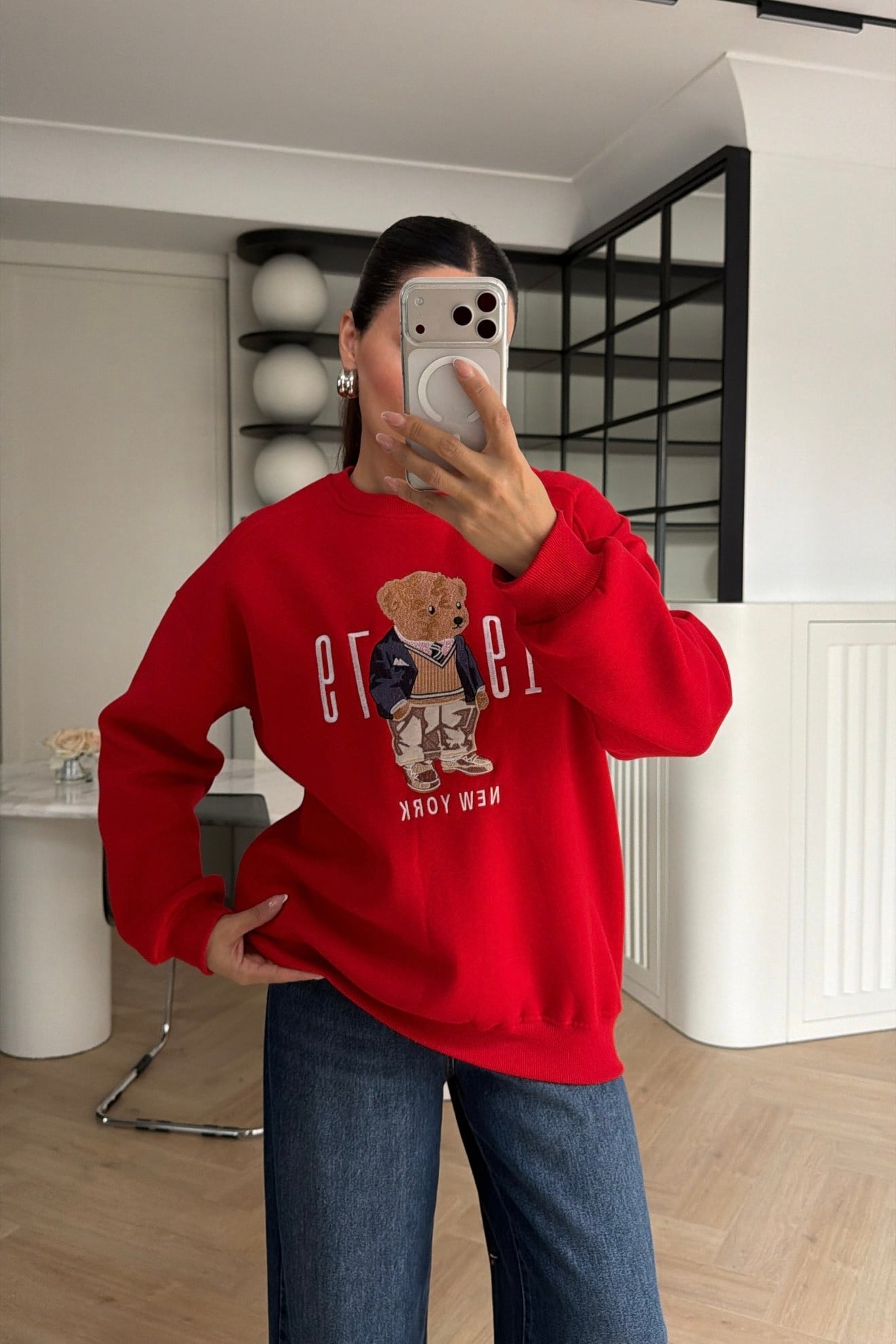 Teddy Nakışlı Sweatshirt Kırmızı 