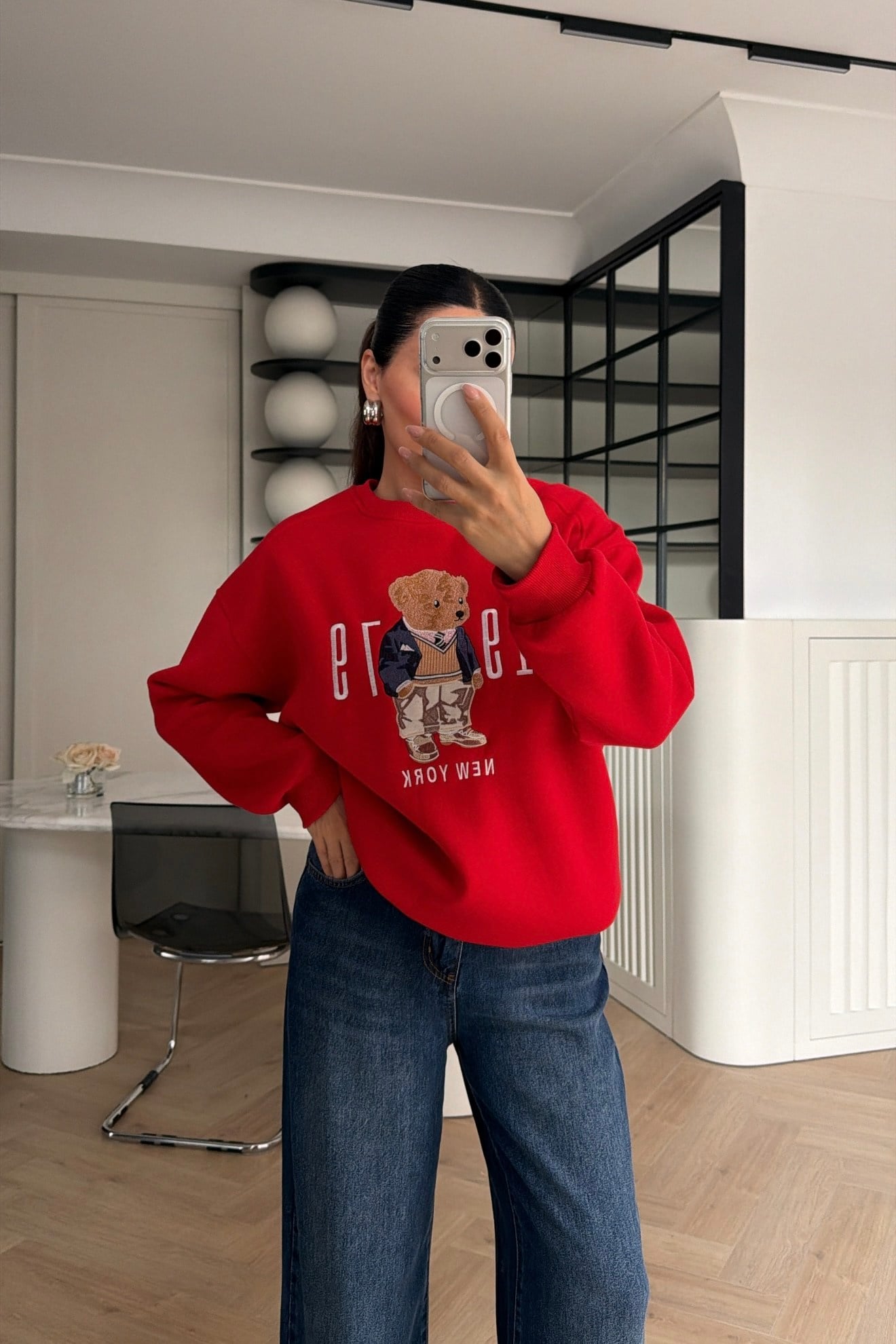 Teddy Nakışlı Sweatshirt Kırmızı 