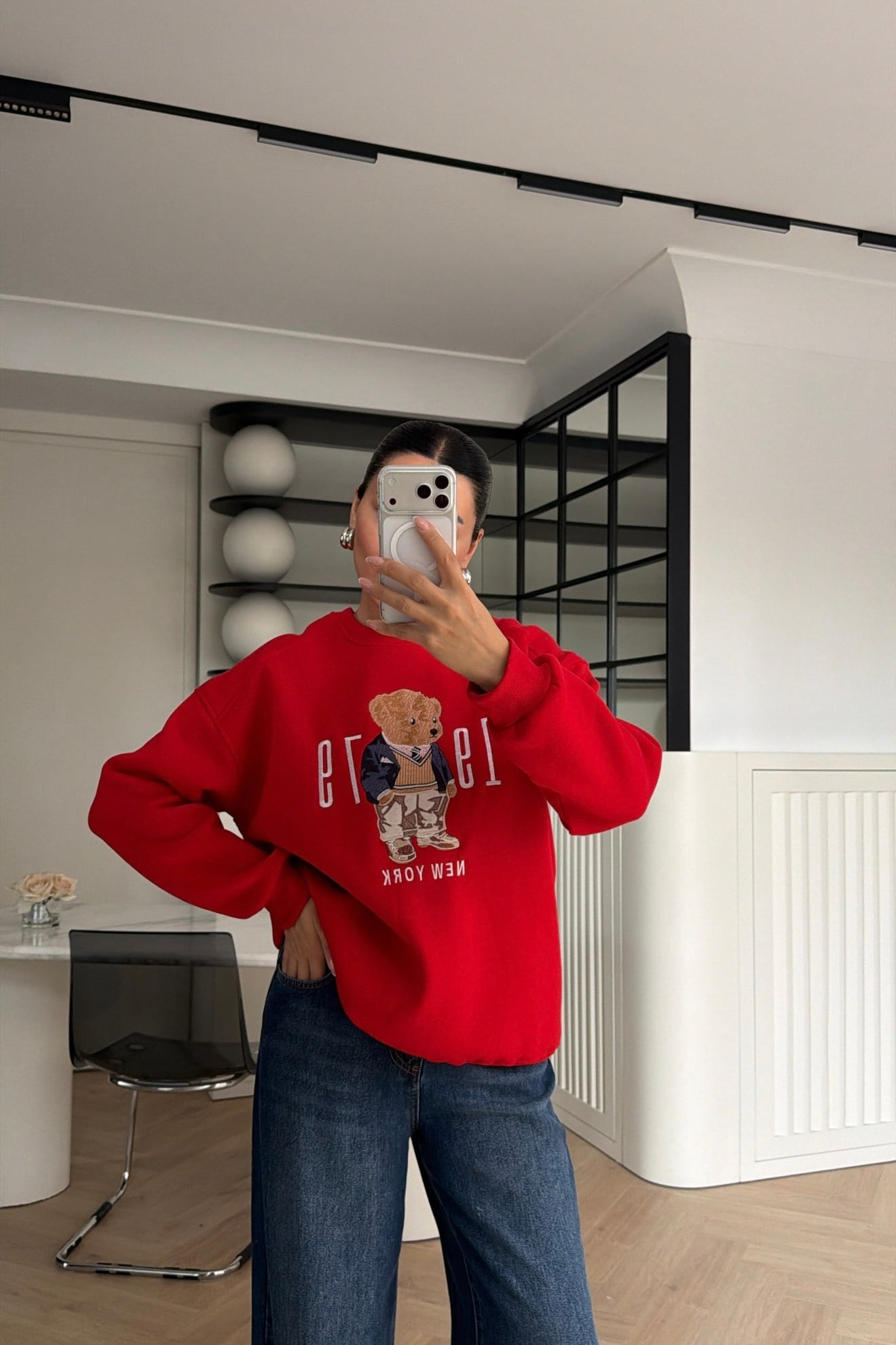 Teddy Nakışlı Sweatshirt Kırmızı 