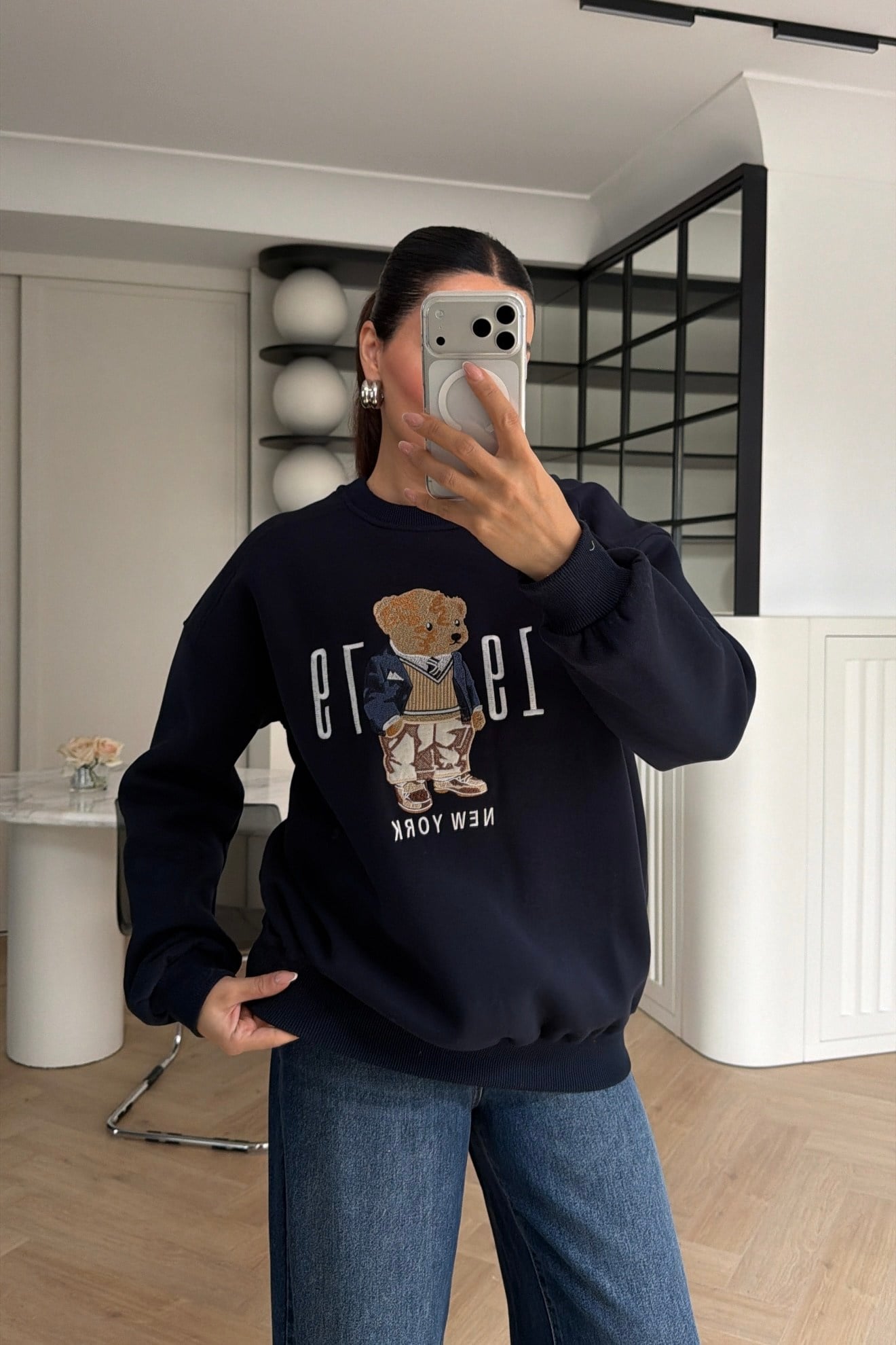 Teddy Nakışlı Sweatshirt Lacivert 