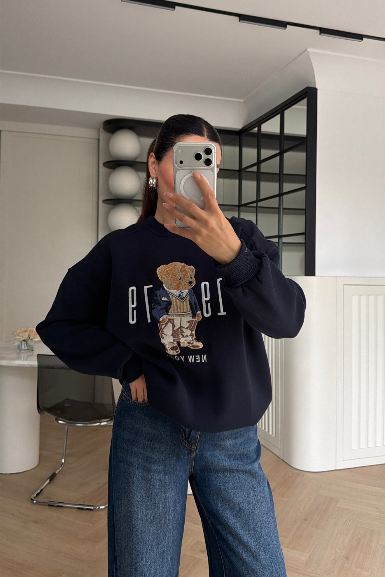 Teddy Nakışlı Sweatshirt Lacivert 