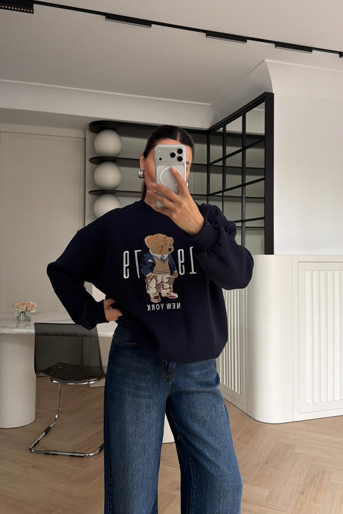 Teddy Nakışlı Sweatshirt Lacivert 