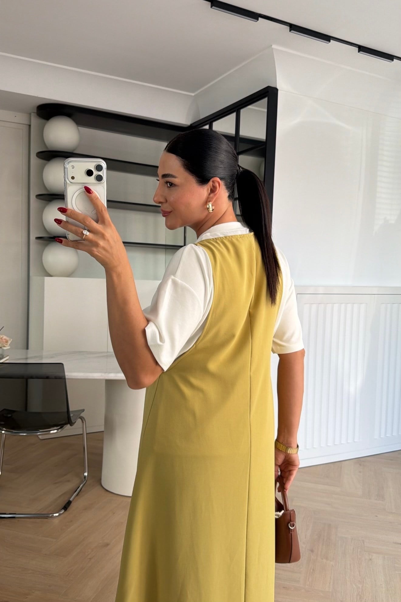 TİŞÖRT DETAYLI JİLE ELBİSE YAĞ YEŞİLİ 