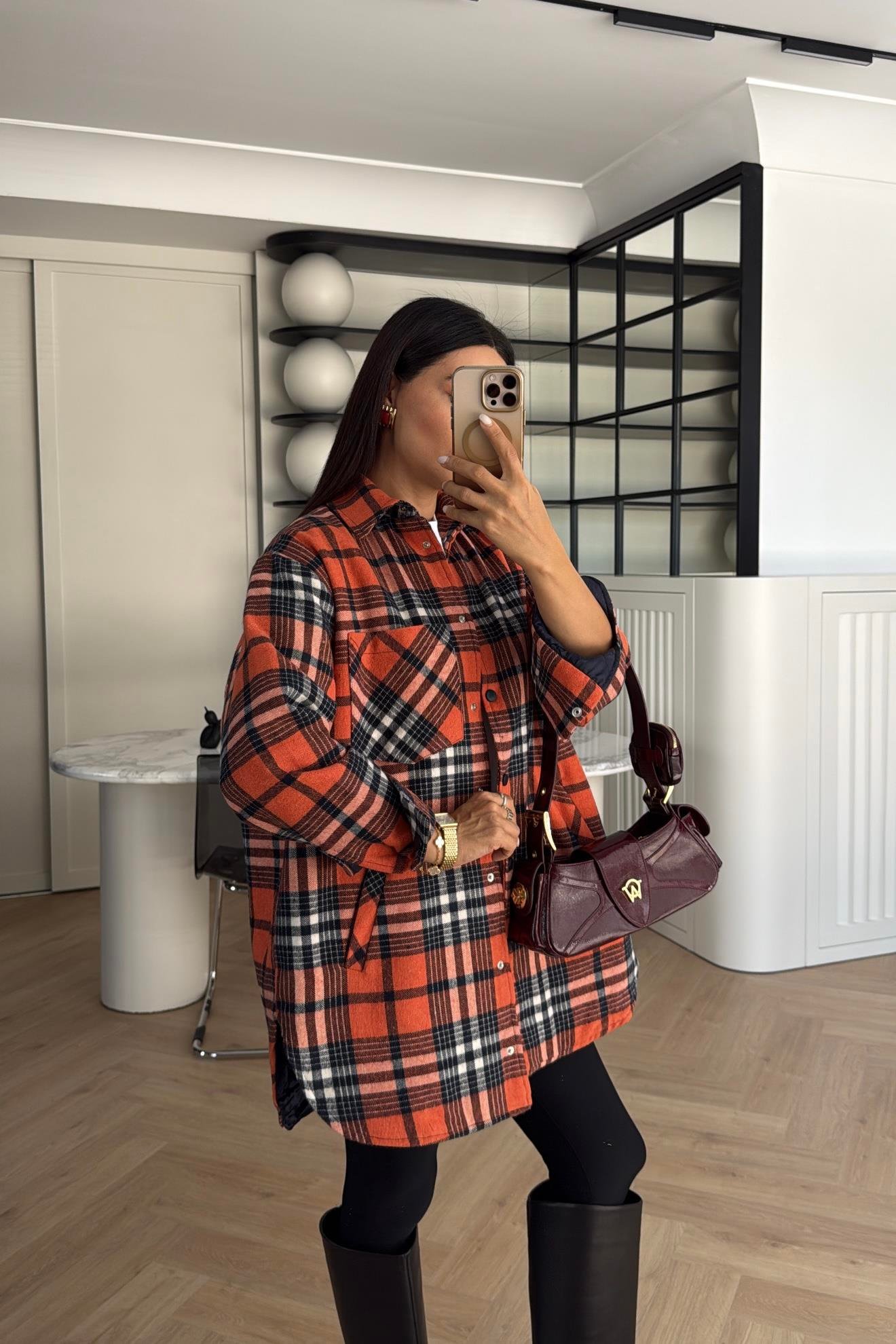 TURUNCU EKOSE ELYAF DOLGULU OVERİZE CEKET