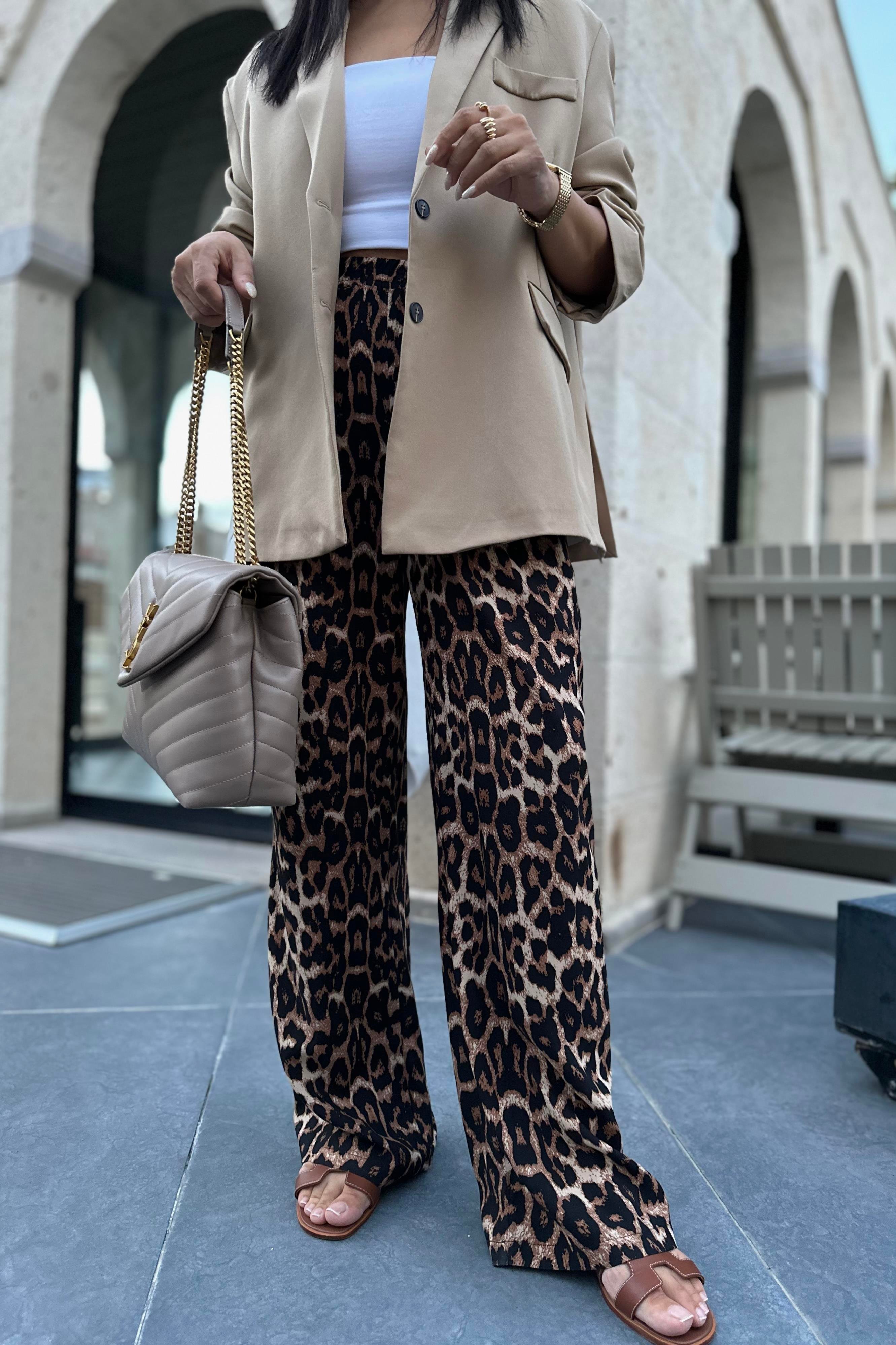 Viskon Kumaş Cepli Leopar Pantolon 