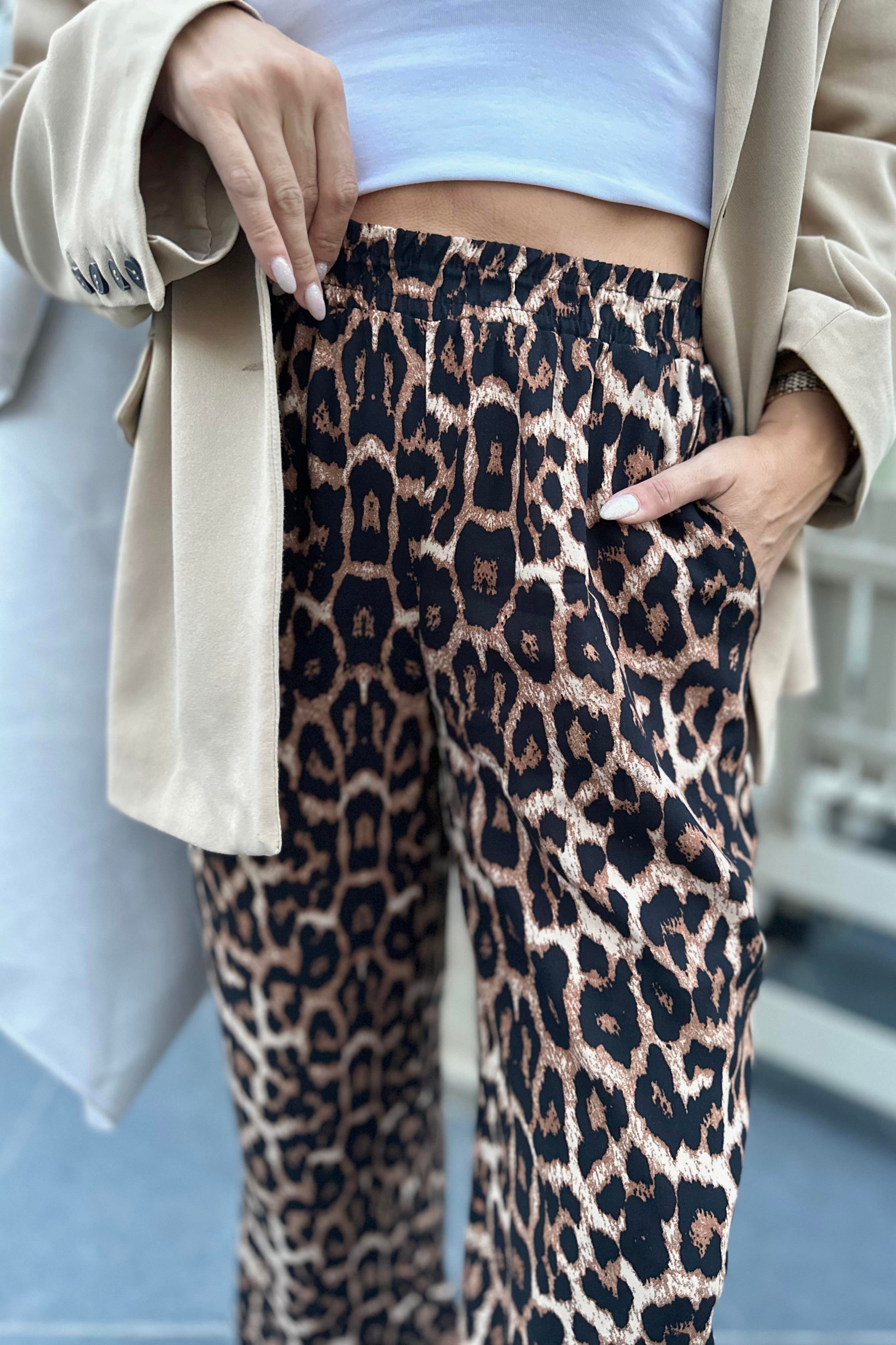 Viskon Kumaş Cepli Leopar Pantolon 