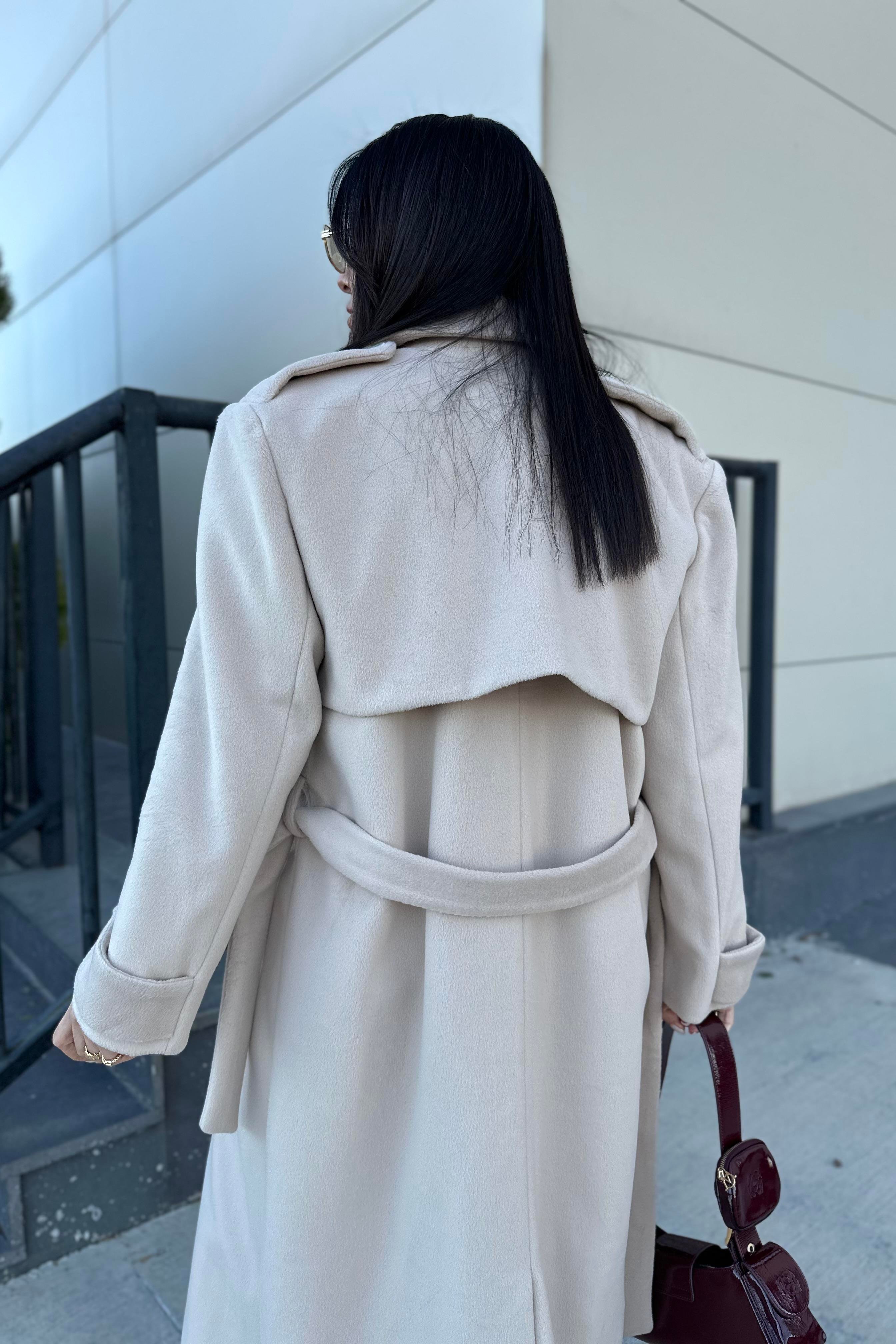 Vizon Renk Maxi Boy Premium Kaşe Kaban 