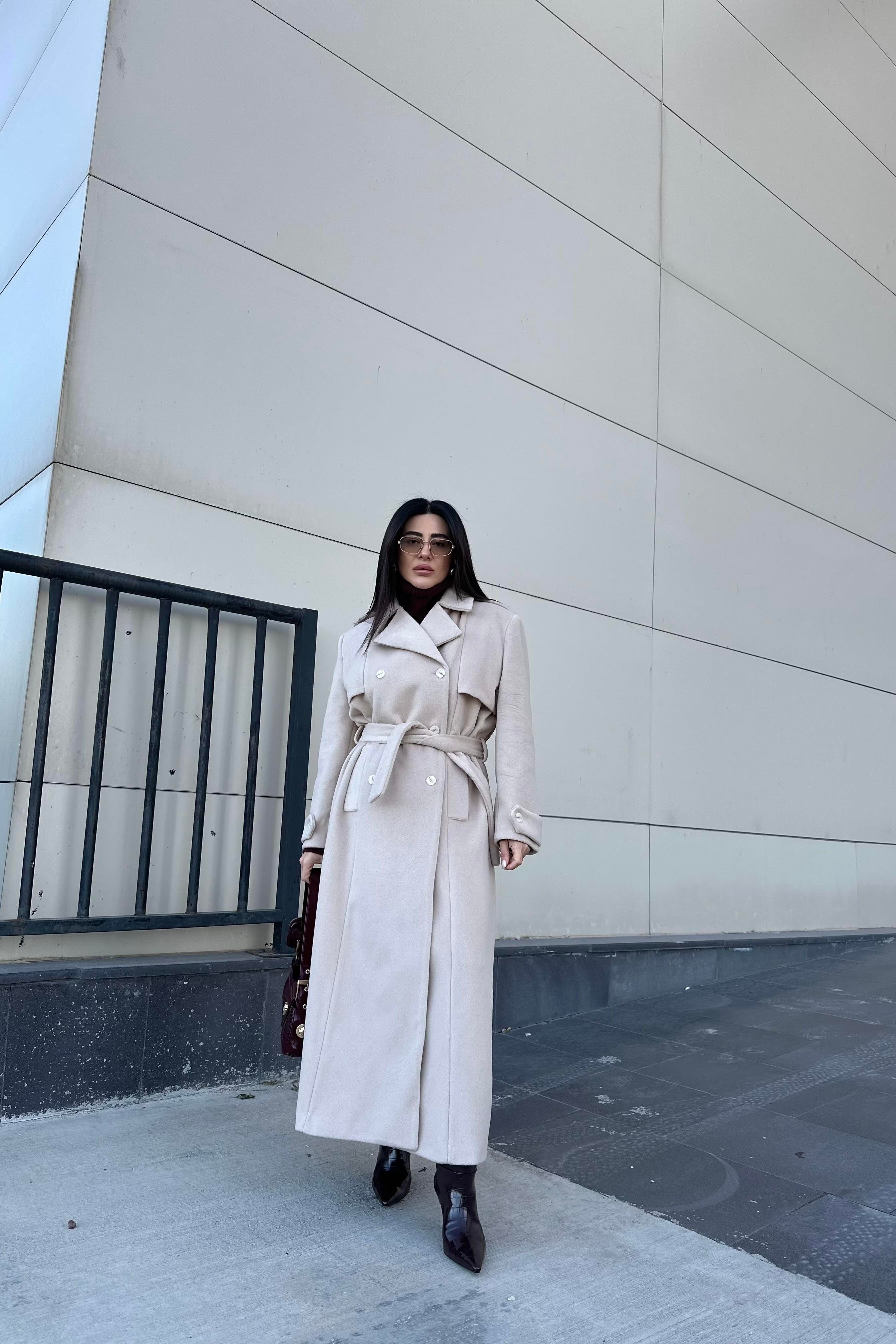 Vizon Renk Maxi Boy Premium Kaşe Kaban 