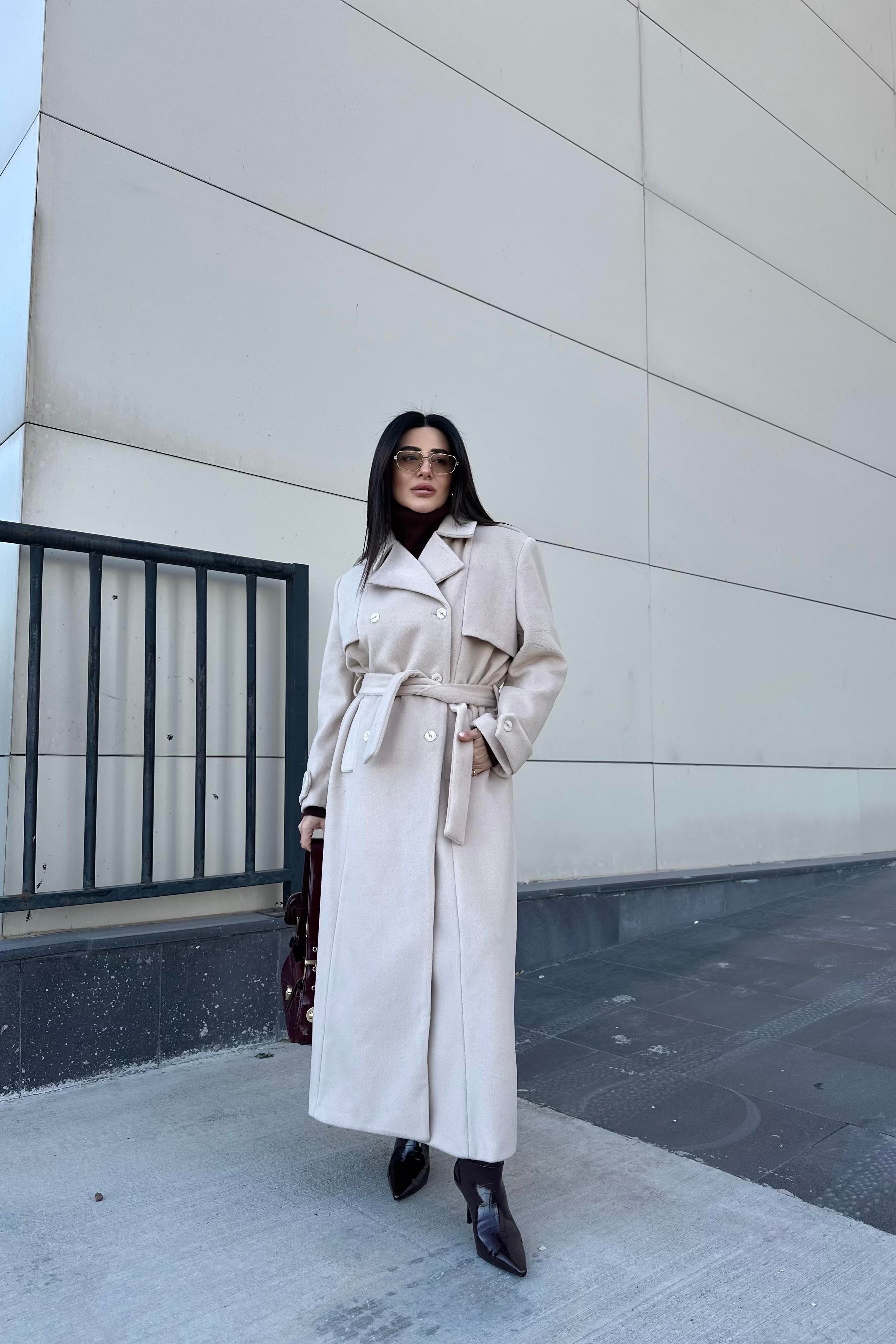 Vizon Renk Maxi Boy Premium Kaşe Kaban 