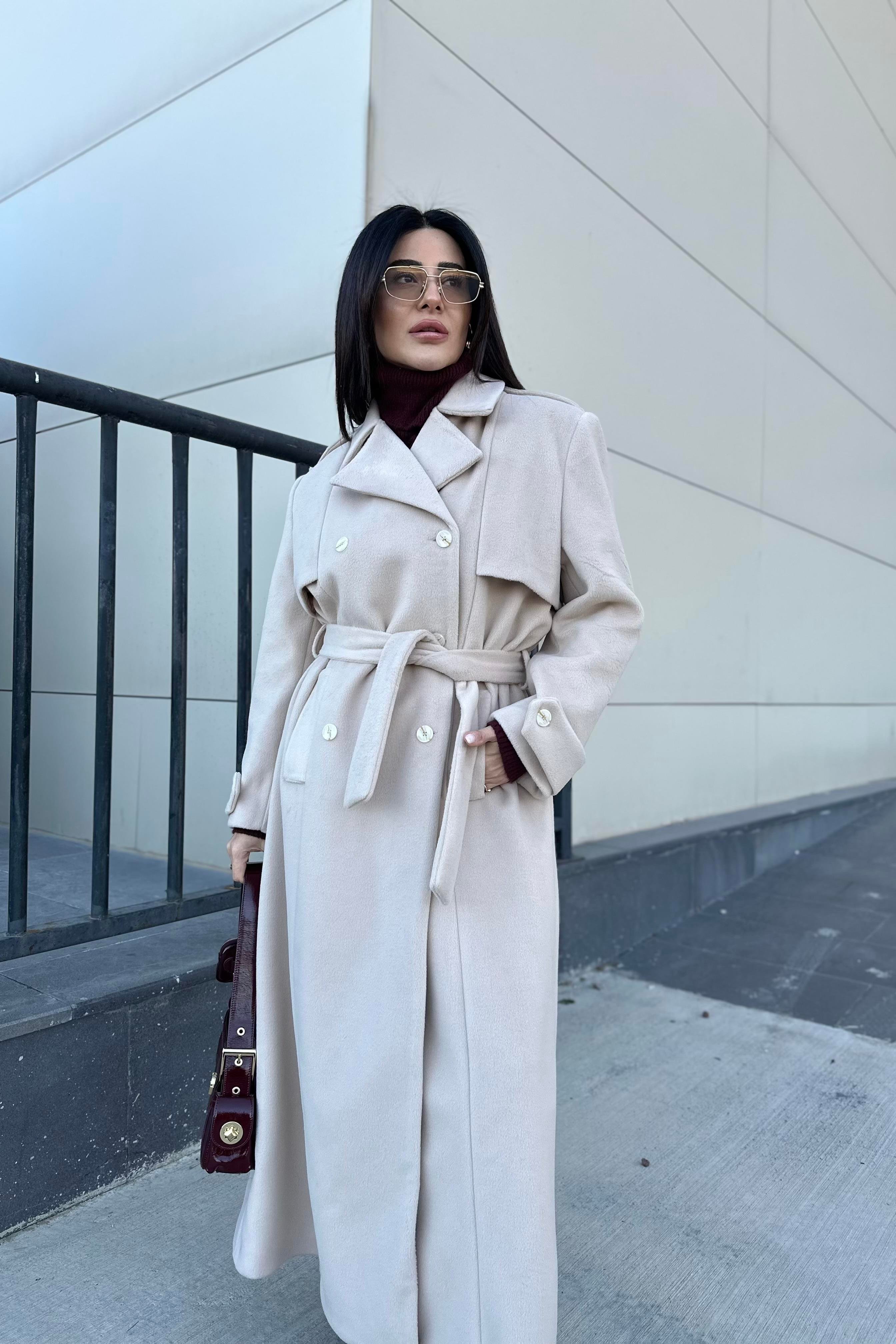 Vizon Renk Maxi Boy Premium Kaşe Kaban 