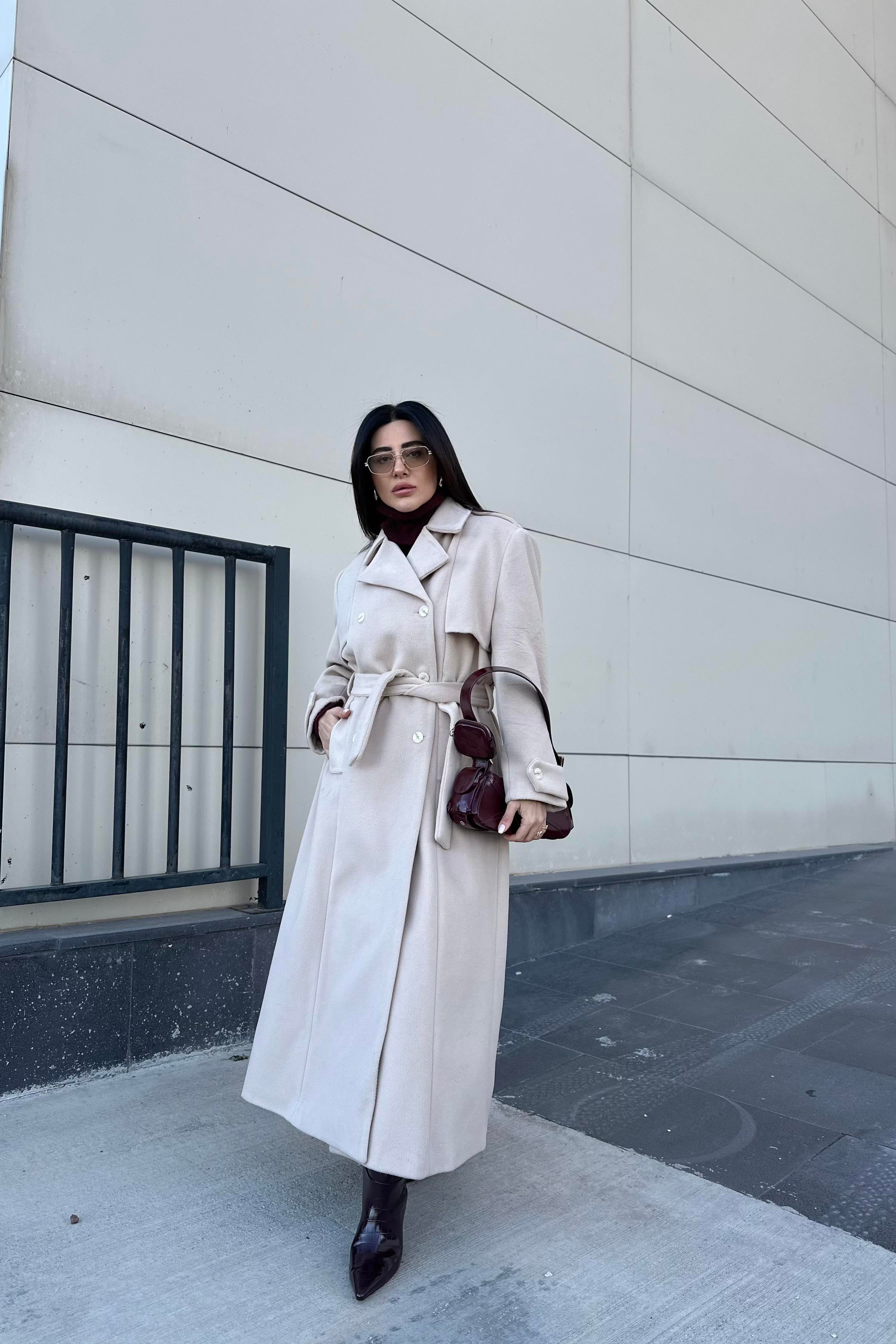 Vizon Renk Maxi Boy Premium Kaşe Kaban 