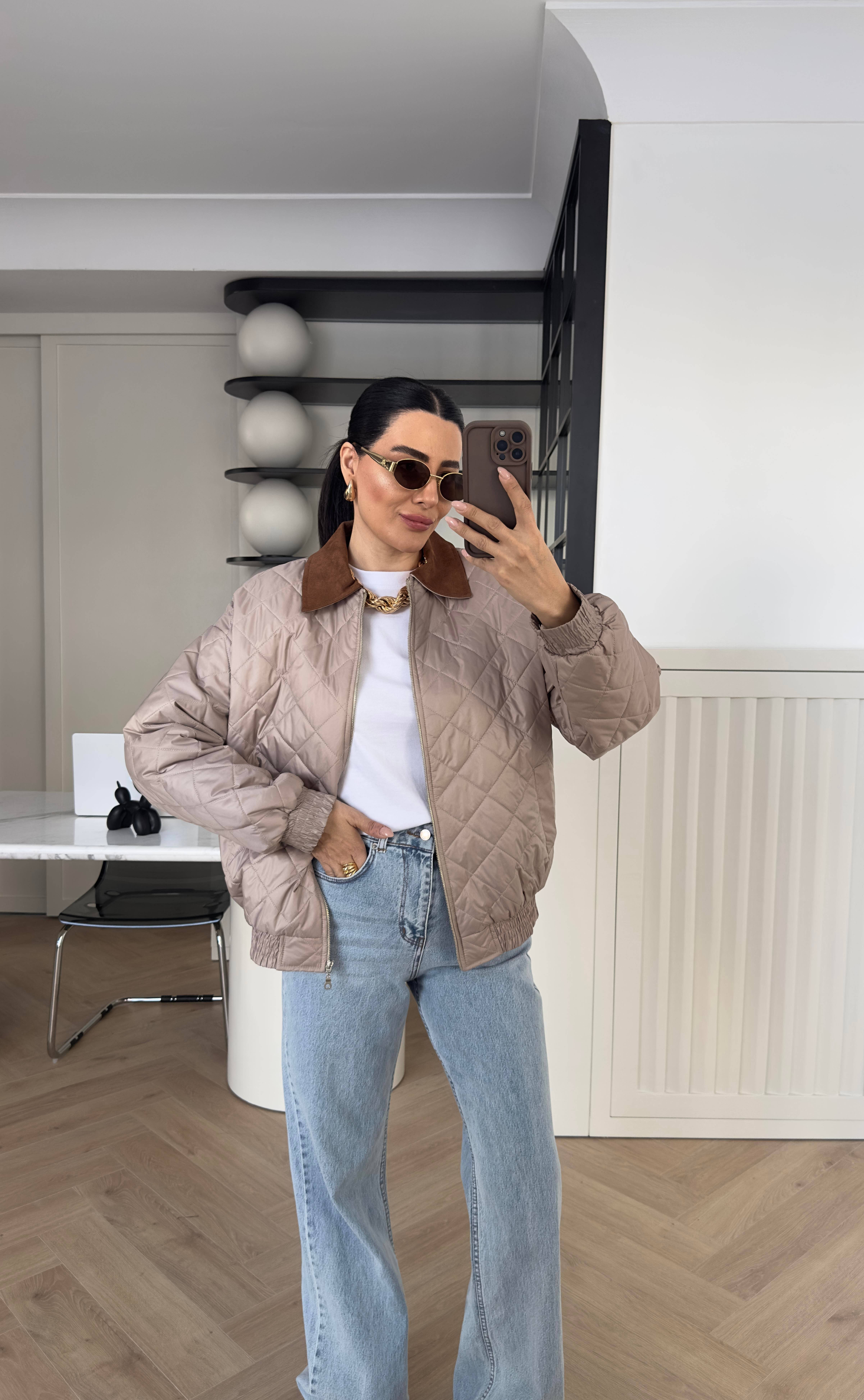 Vizon Yakası Süet Elyaf Dolgu Ceket