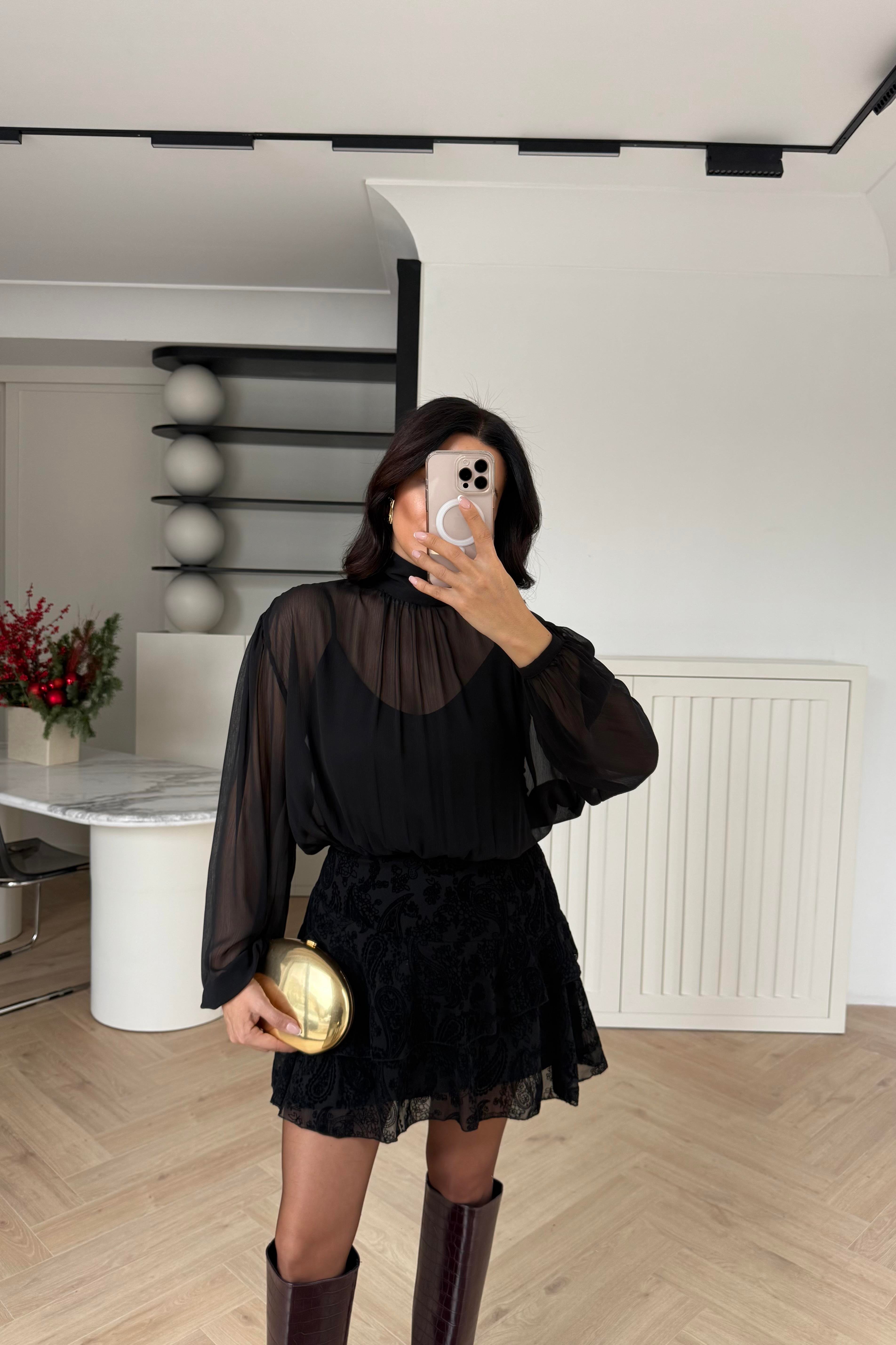YANDAN FERMUARLI ASTARLI ŞİFON ELBİSE SİYAH