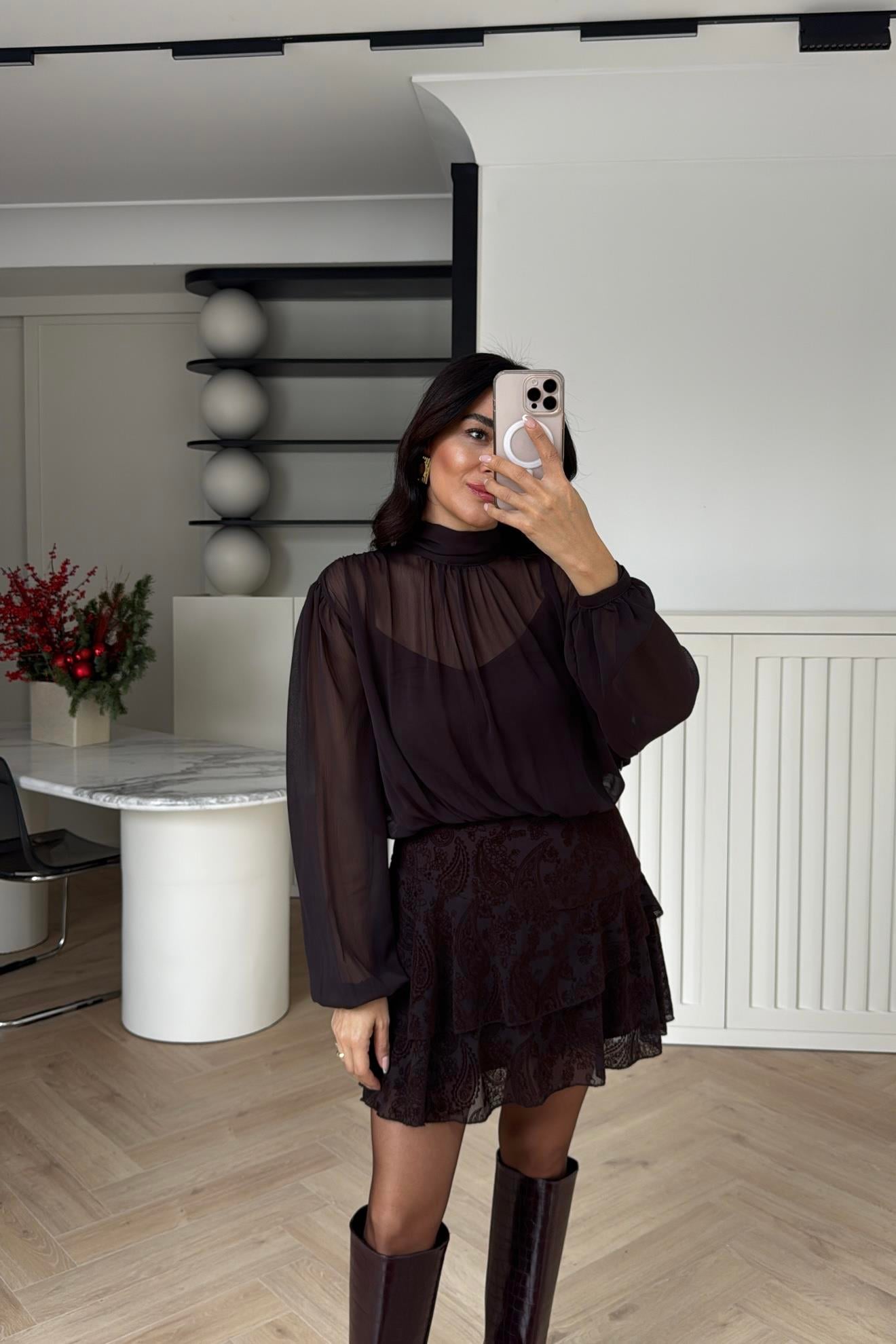 YANDAN FERMUARLI ASTARLI ŞİFON ELBİSE KAHVE