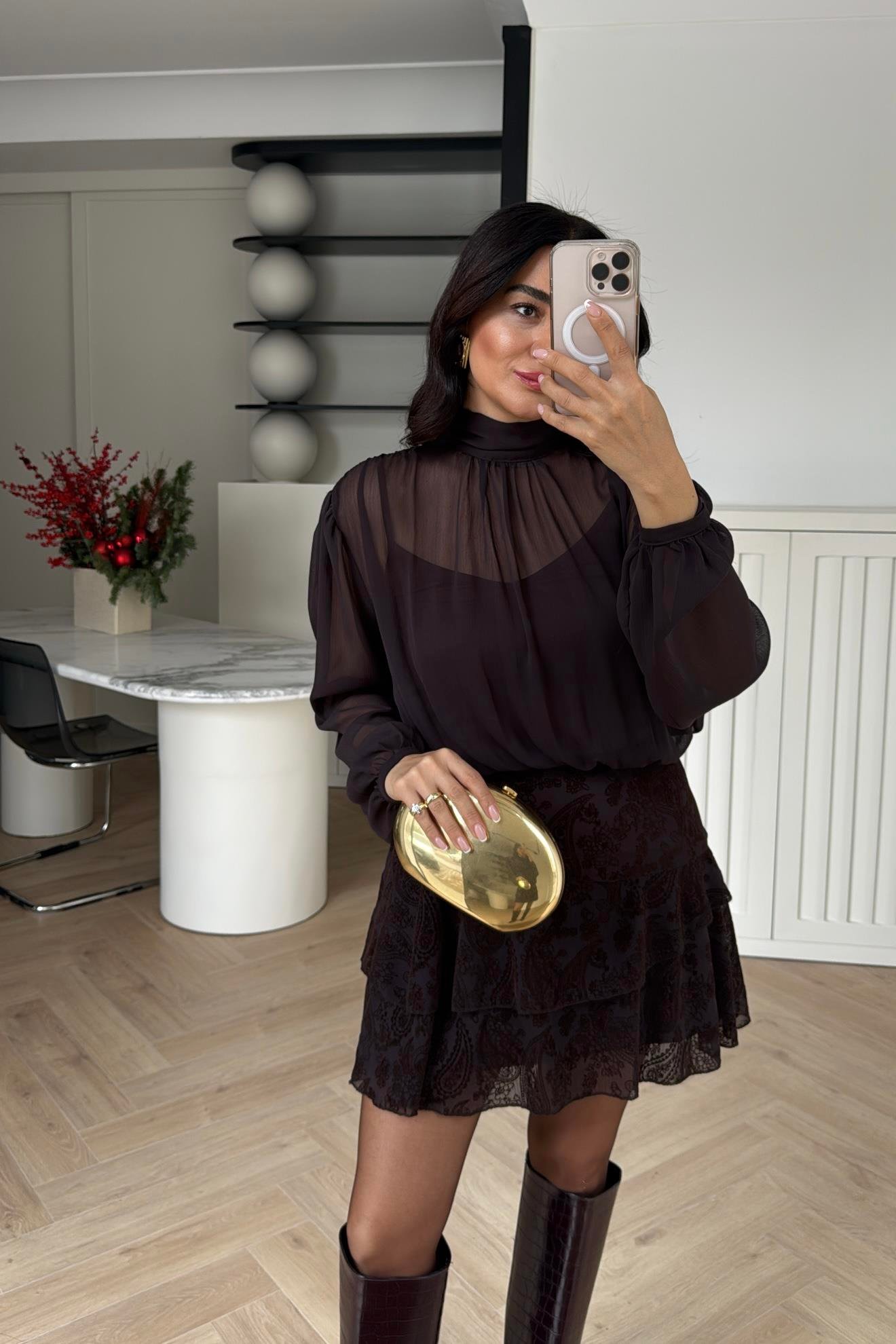 YANDAN FERMUARLI ASTARLI ŞİFON ELBİSE KAHVE
