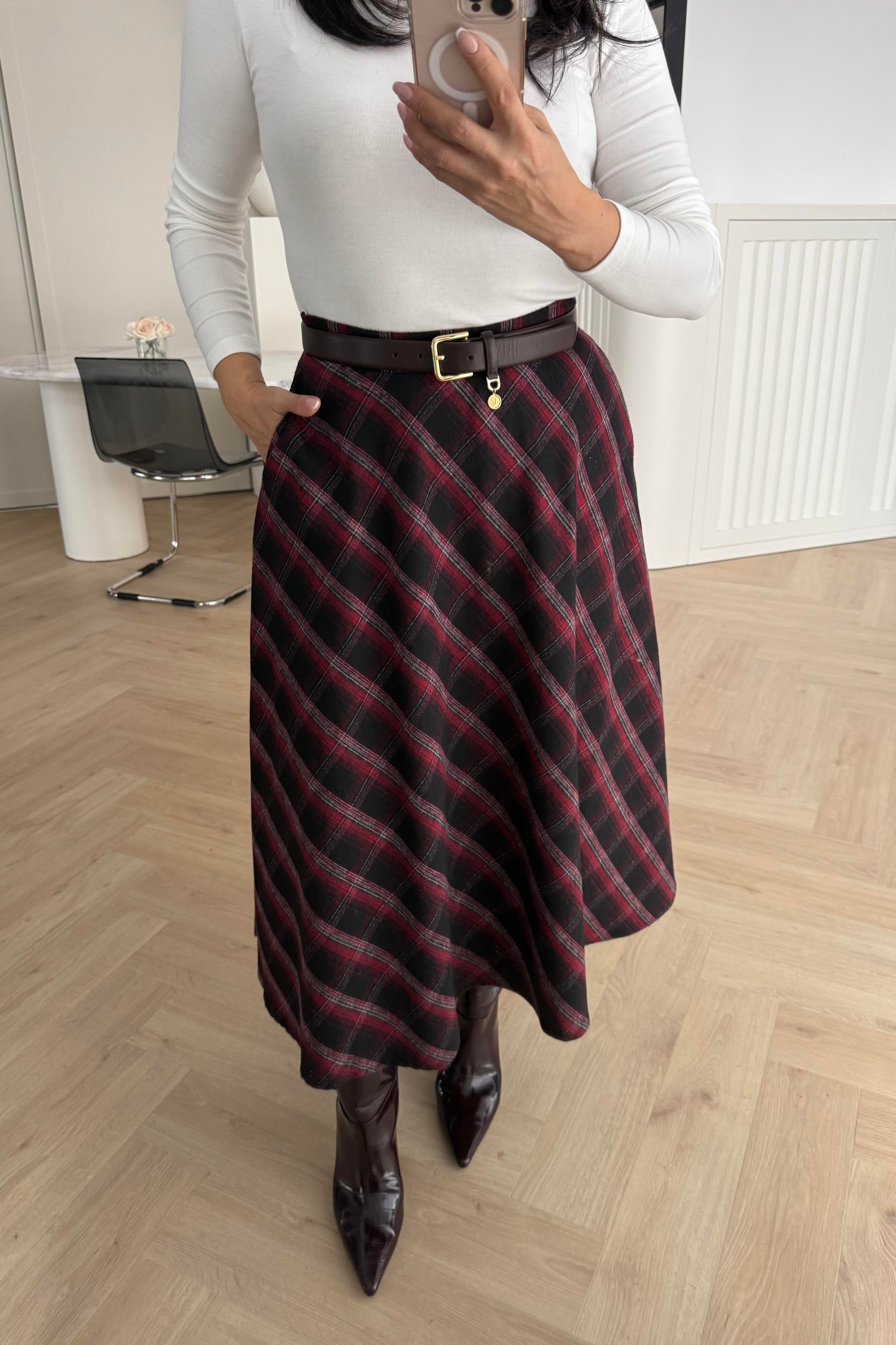 YANDAN FERMUARLI CEP DETAYLI EKOSE ETEK BORDO 