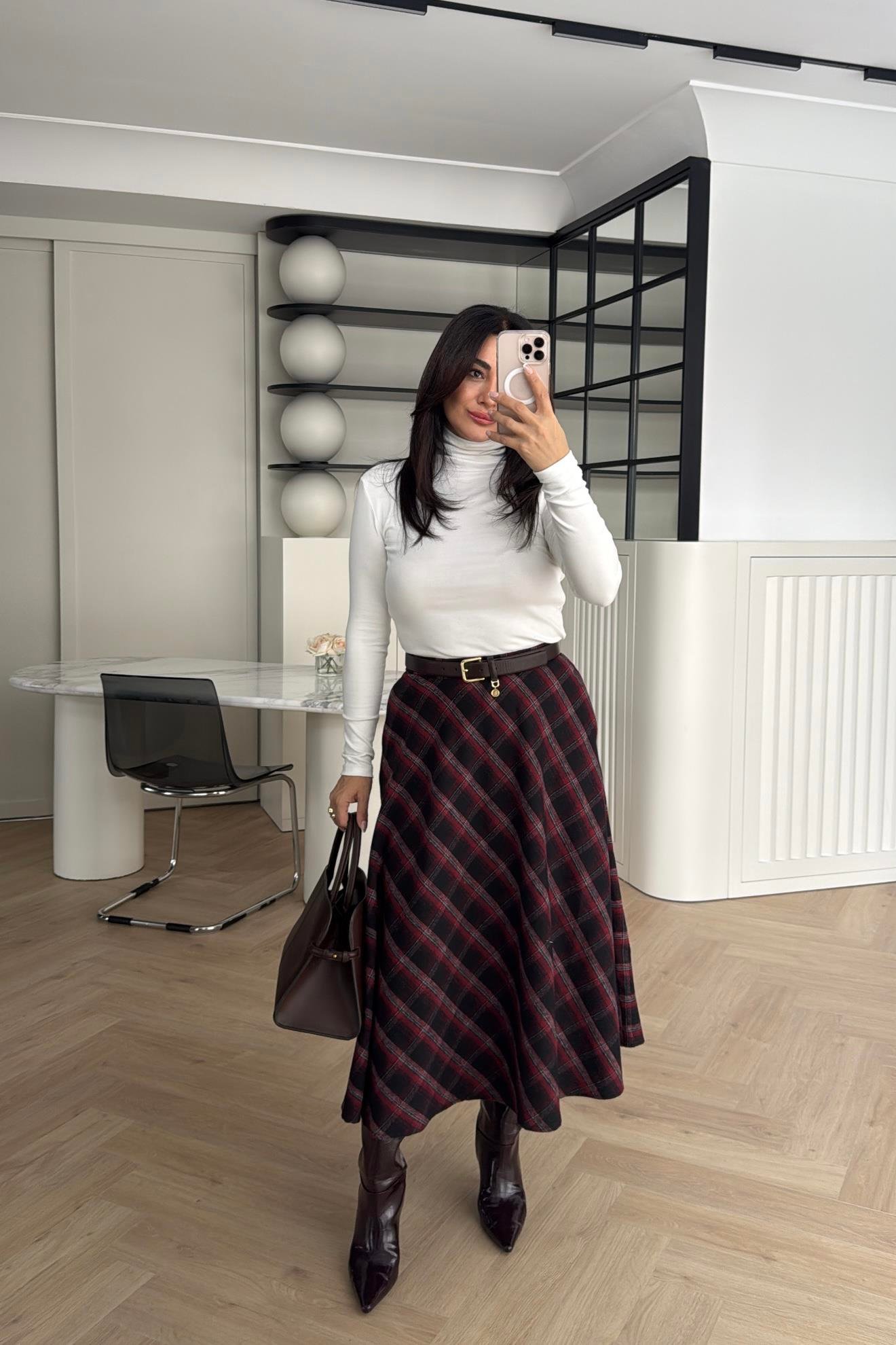 YANDAN FERMUARLI CEP DETAYLI EKOSE ETEK BORDO 