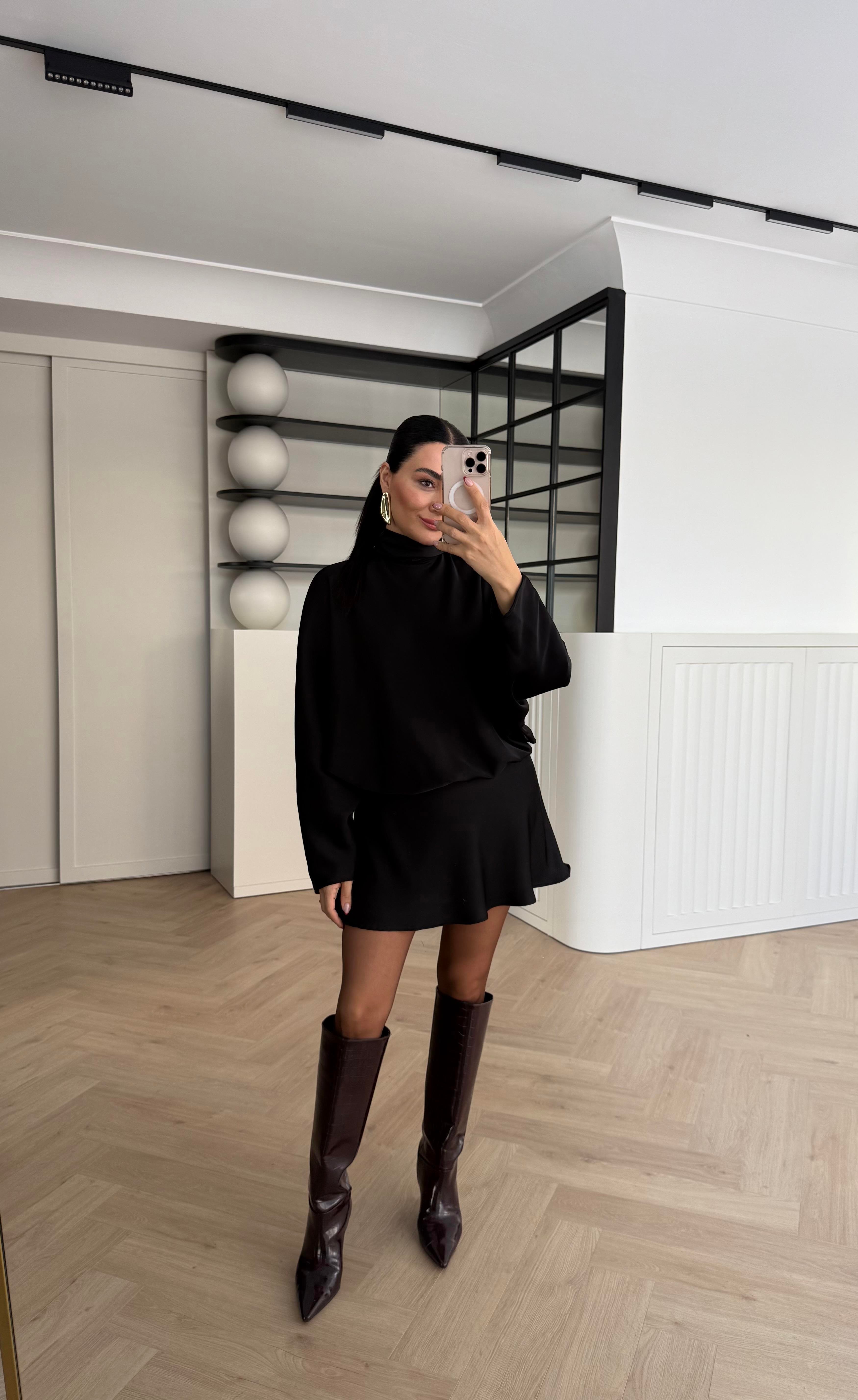 YANDAN FERMUARLI SATEN ELBİSE SİYAH