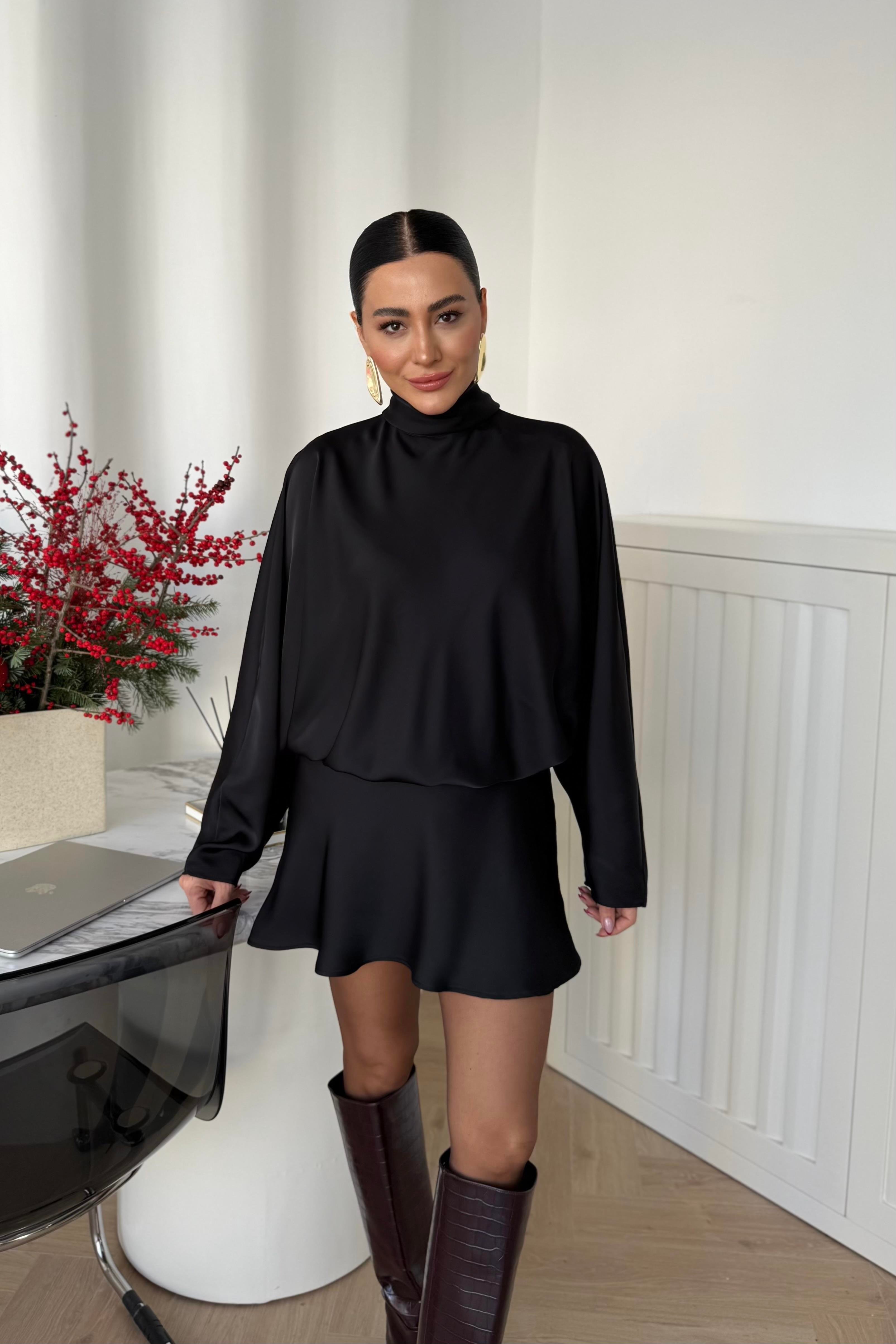 YANDAN FERMUARLI SATEN ELBİSE SİYAH