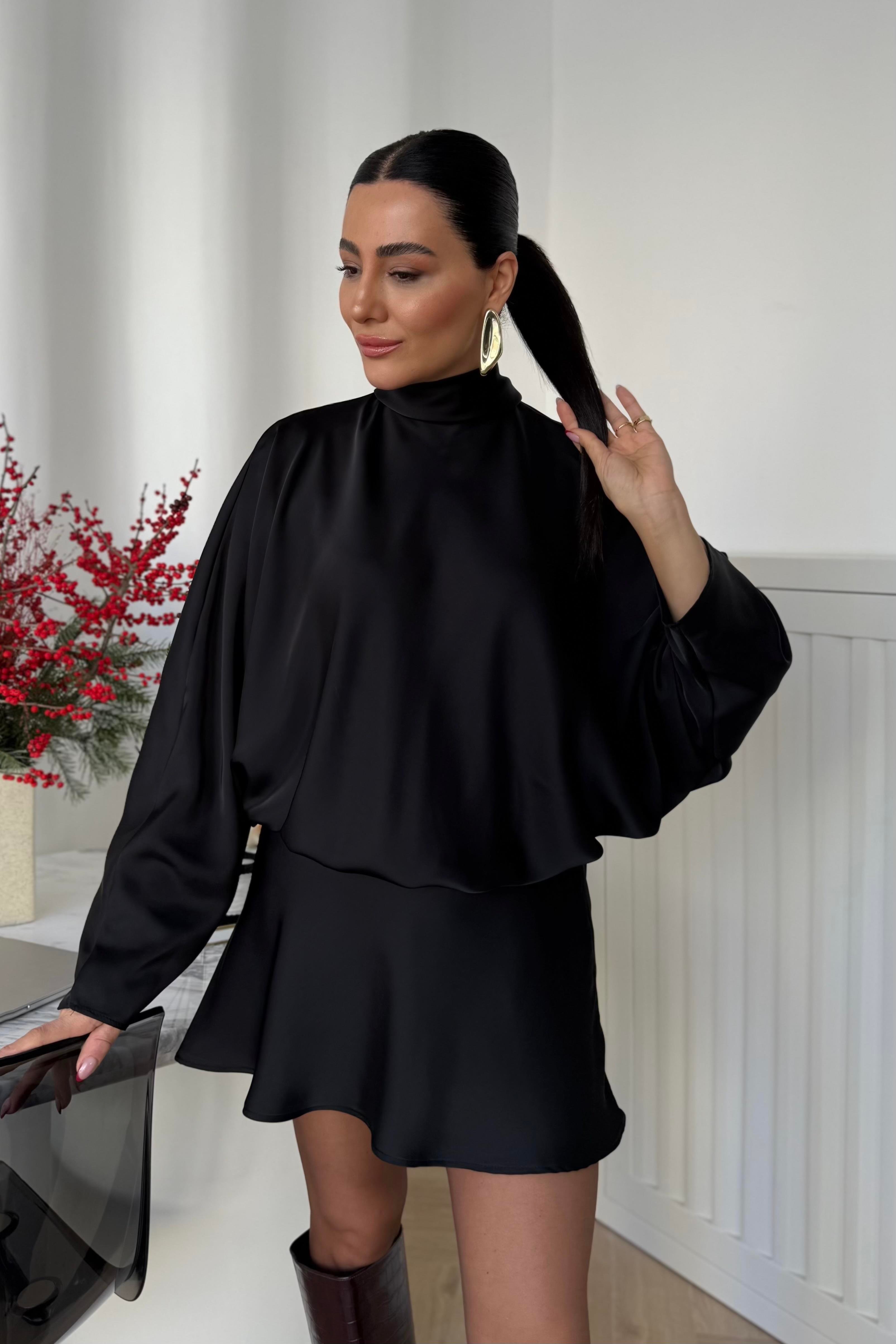 YANDAN FERMUARLI SATEN ELBİSE SİYAH