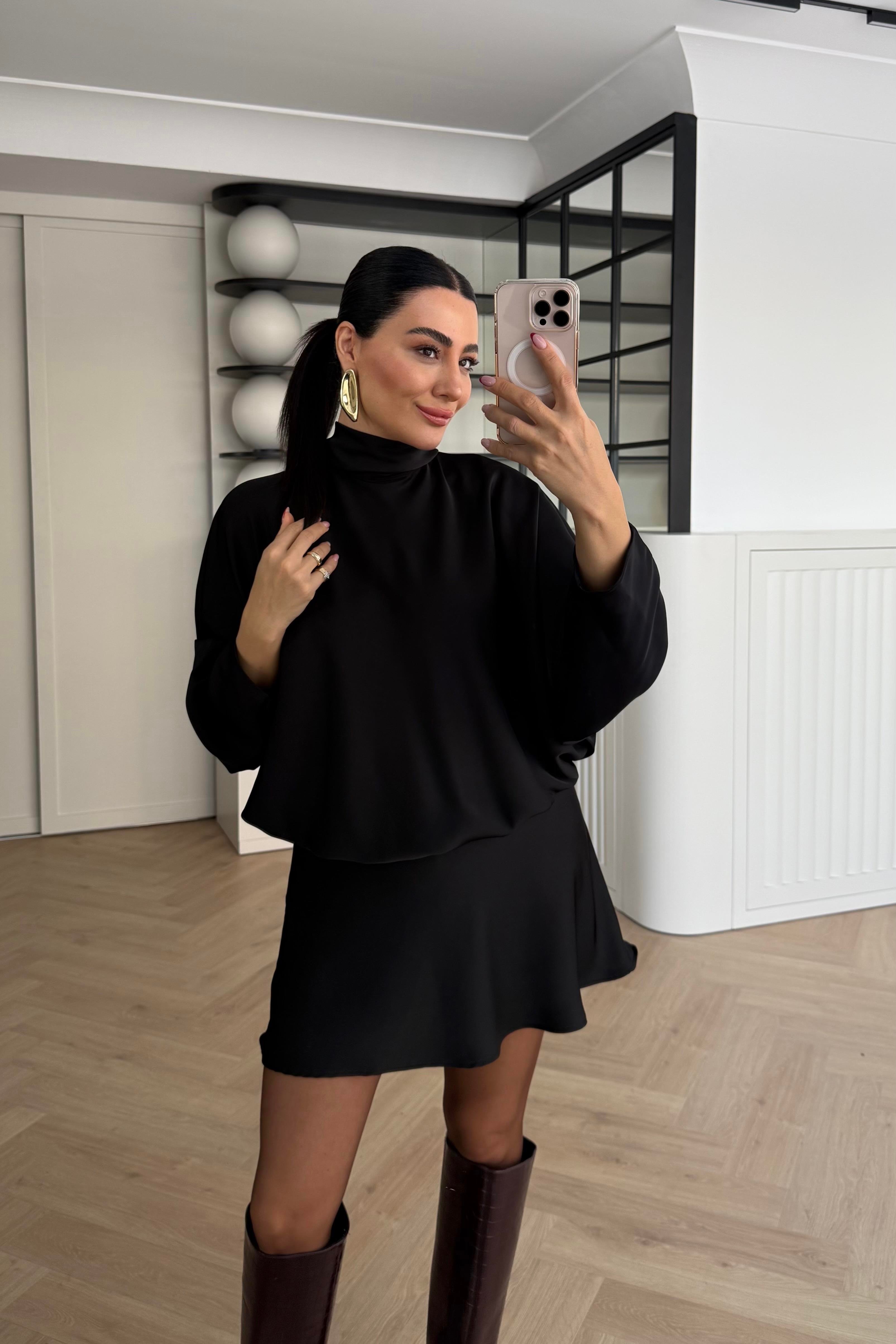 YANDAN FERMUARLI SATEN ELBİSE SİYAH