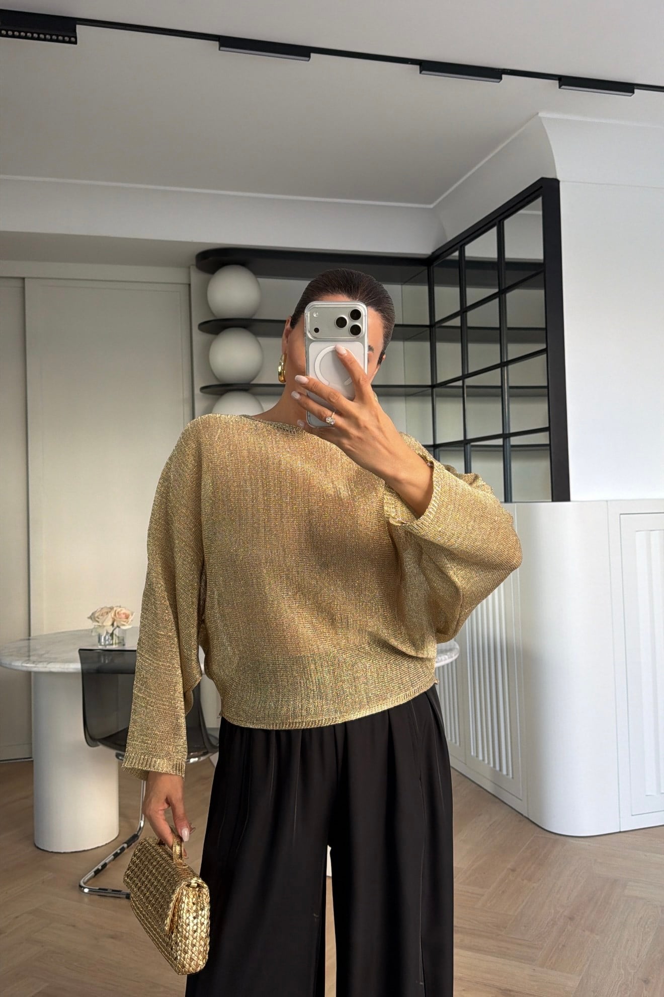 YARASA KOL ÖRME BLUZ GOLD 