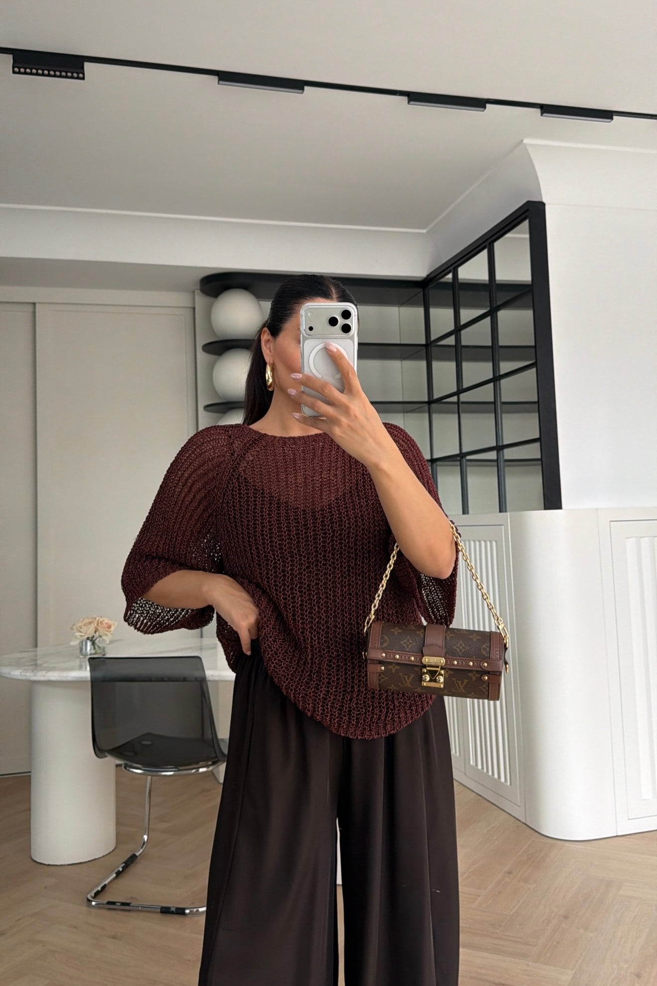 Yarım Kol File Örme Bluz Mürdüm 
