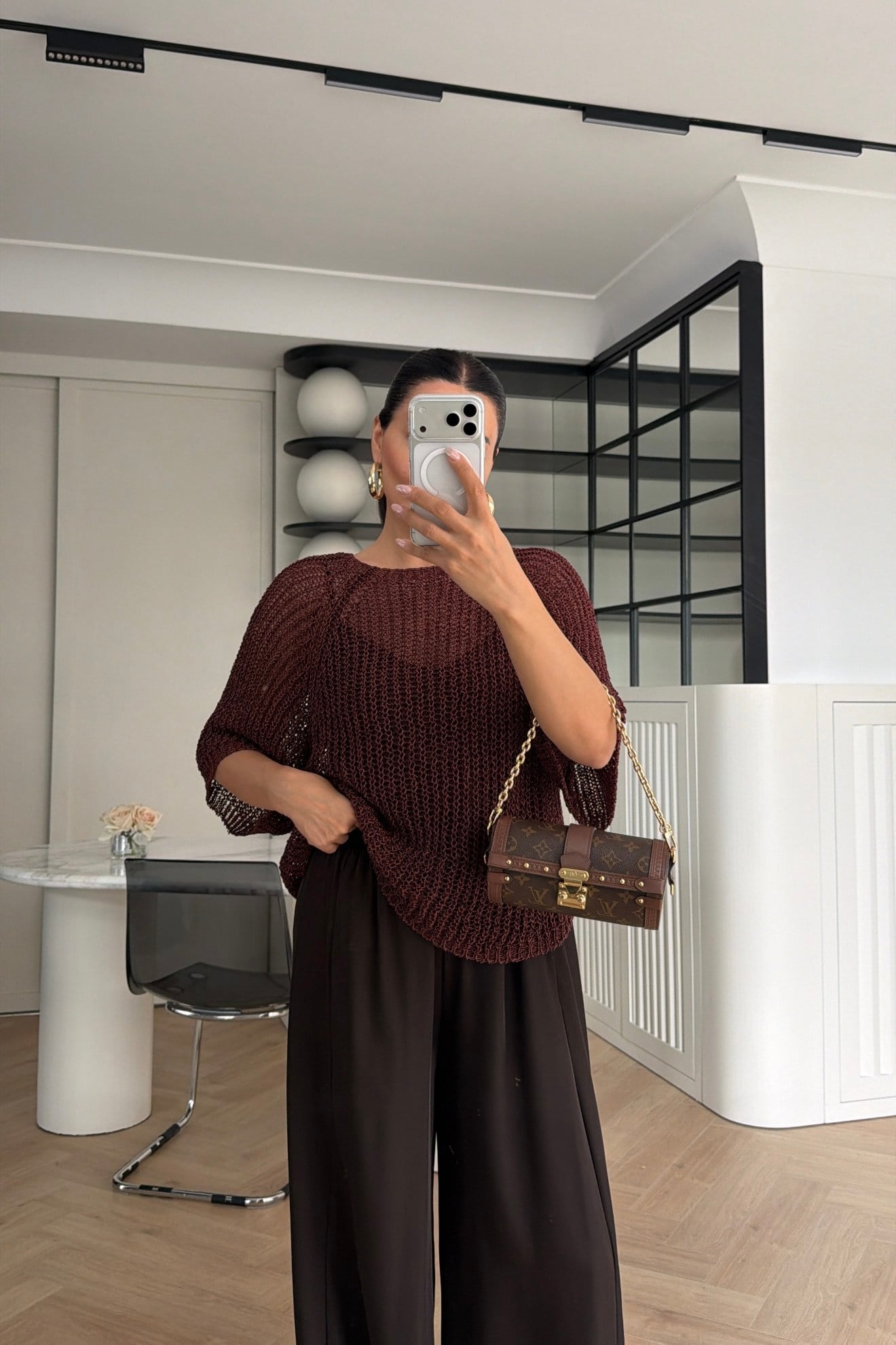 Yarım Kol File Örme Bluz Mürdüm 