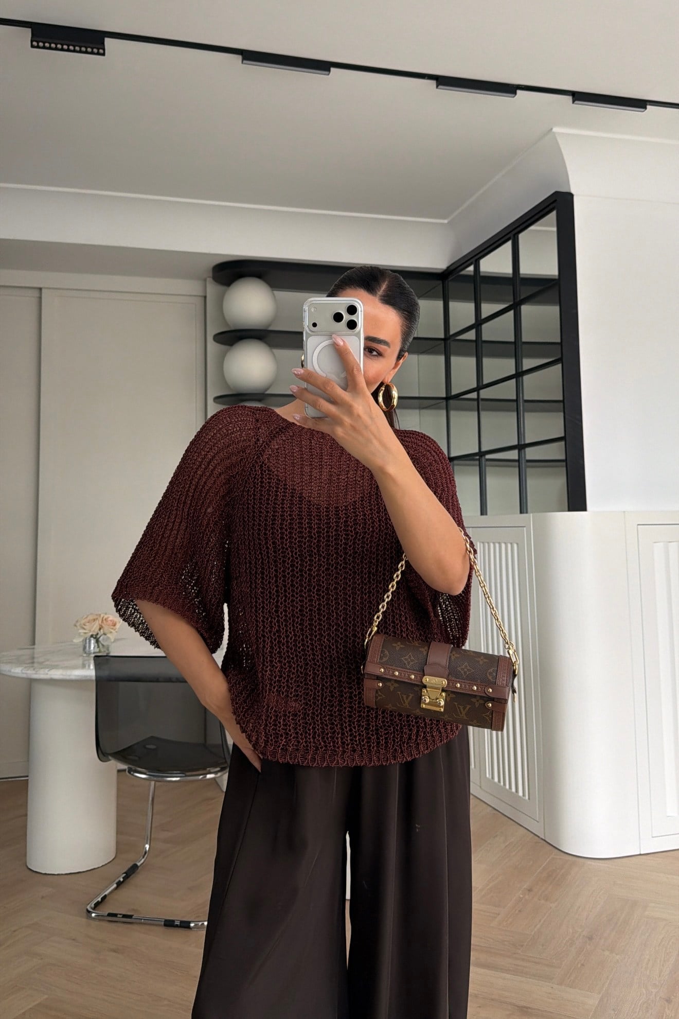 Yarım Kol File Örme Bluz Mürdüm 